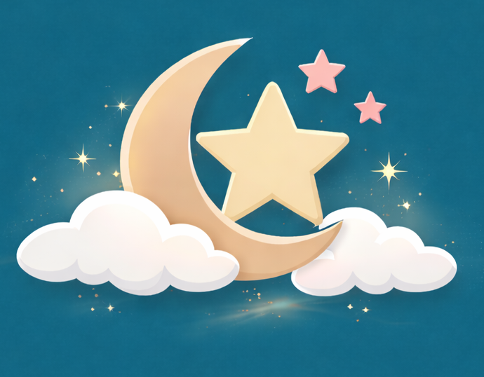 Illustration of a crescent moon, a large star, two small pink stars, and white clouds against a blue background with sparkling stars.