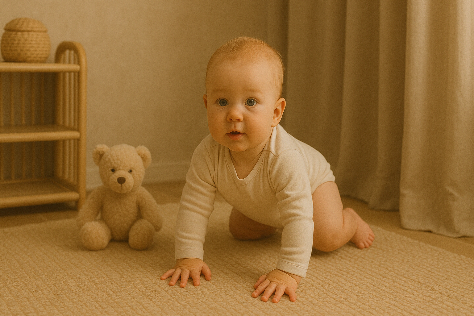 A baby crawling on a beige carpet with a plush teddy bear and a wooden shelf in the background.