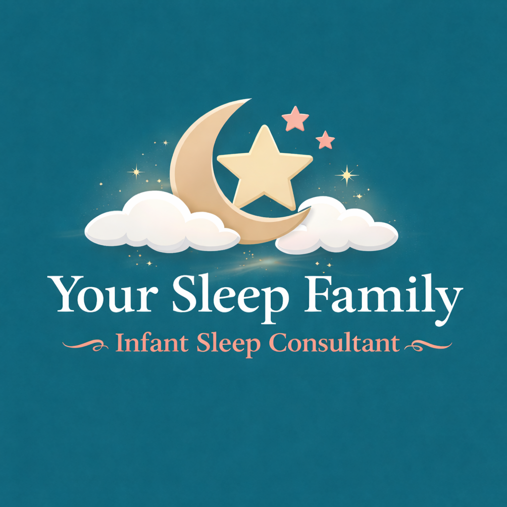 Logo for Your Sleep Family, an infant sleep consultation service, featuring a crescent moon, stars, and clouds on a teal background.