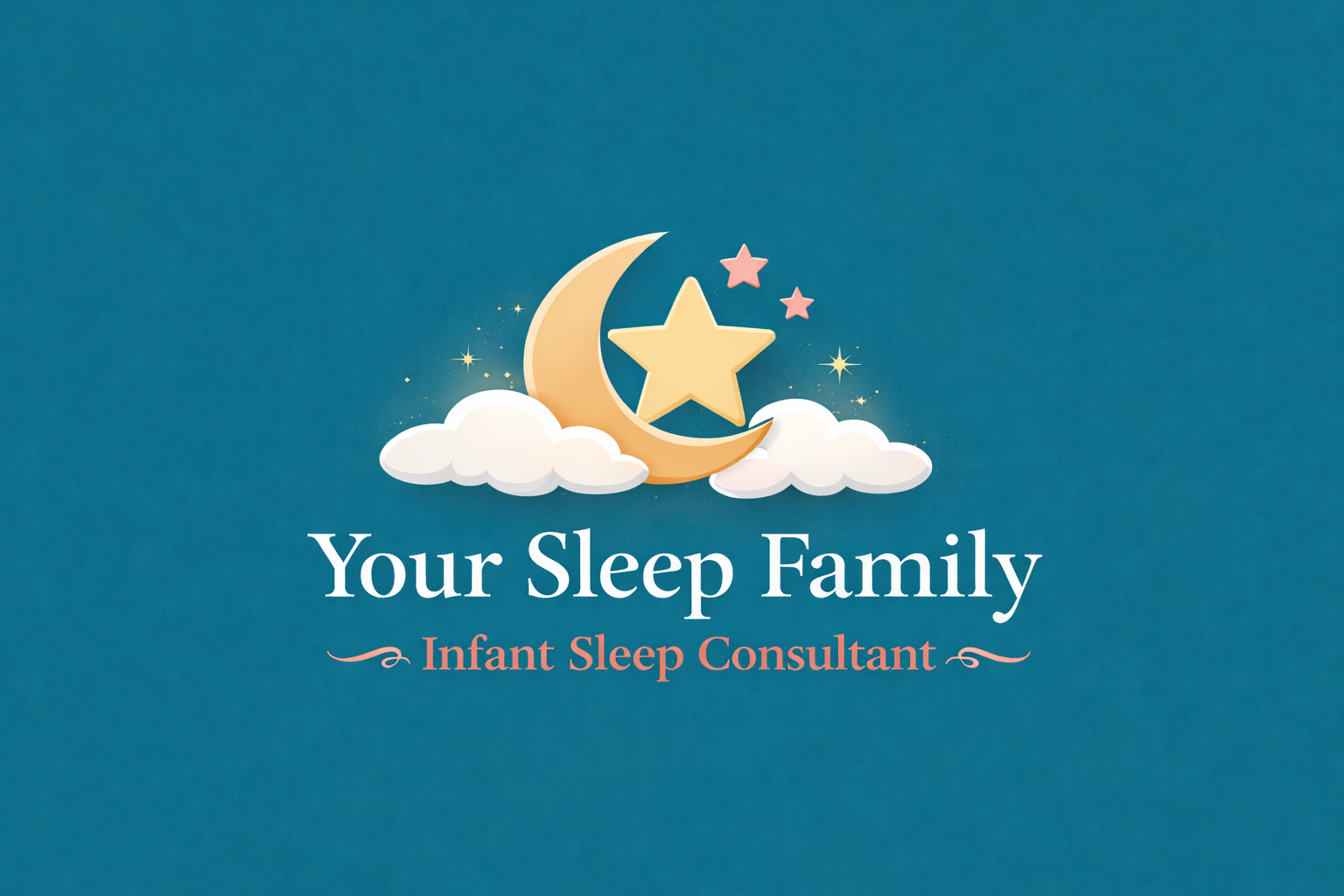 Logo for Your Sleep Family, an infant sleep consulting service, featuring a crescent moon, star, and clouds on a teal background.