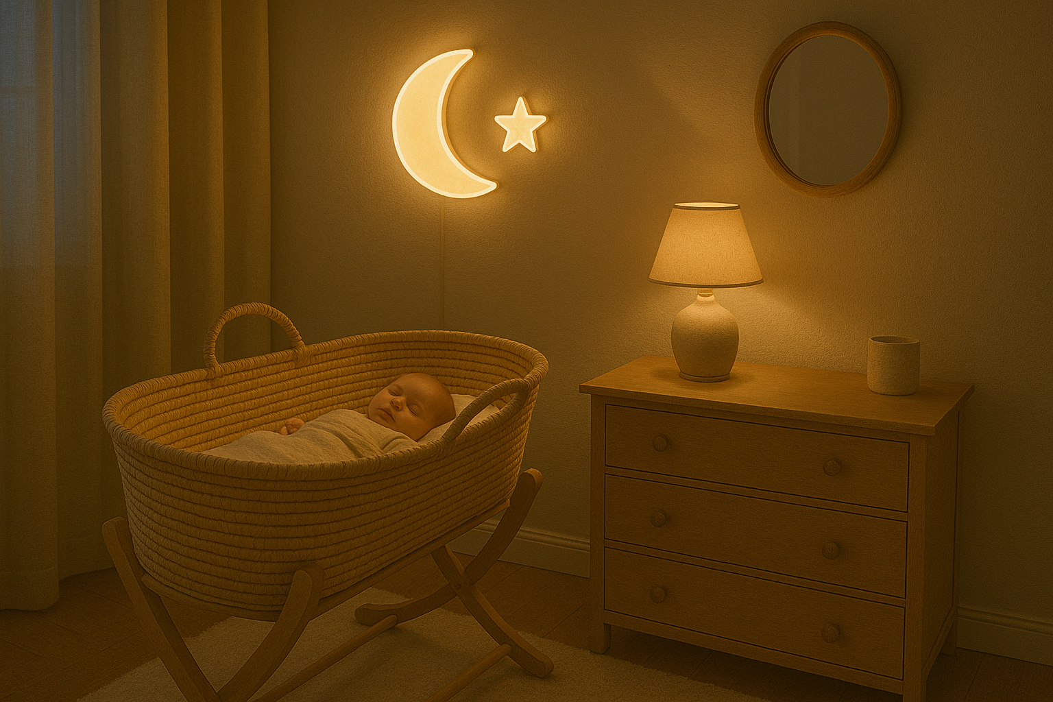 A baby sleeping in a wicker cradle in a softly lit nursery decorated with a glowing moon and star wall light, a wooden dresser with a table lamp, mirror, and small container.
