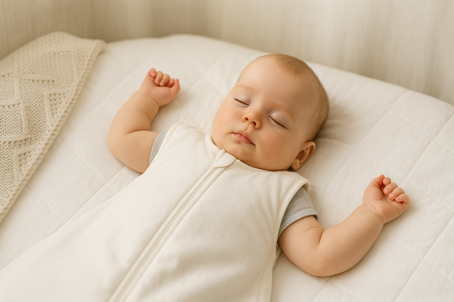 A sleeping baby boy lying on a white mattress with a cream-colored knitted blanket nearby, wearing a sleeveless cream-colored vest and gray shirt.