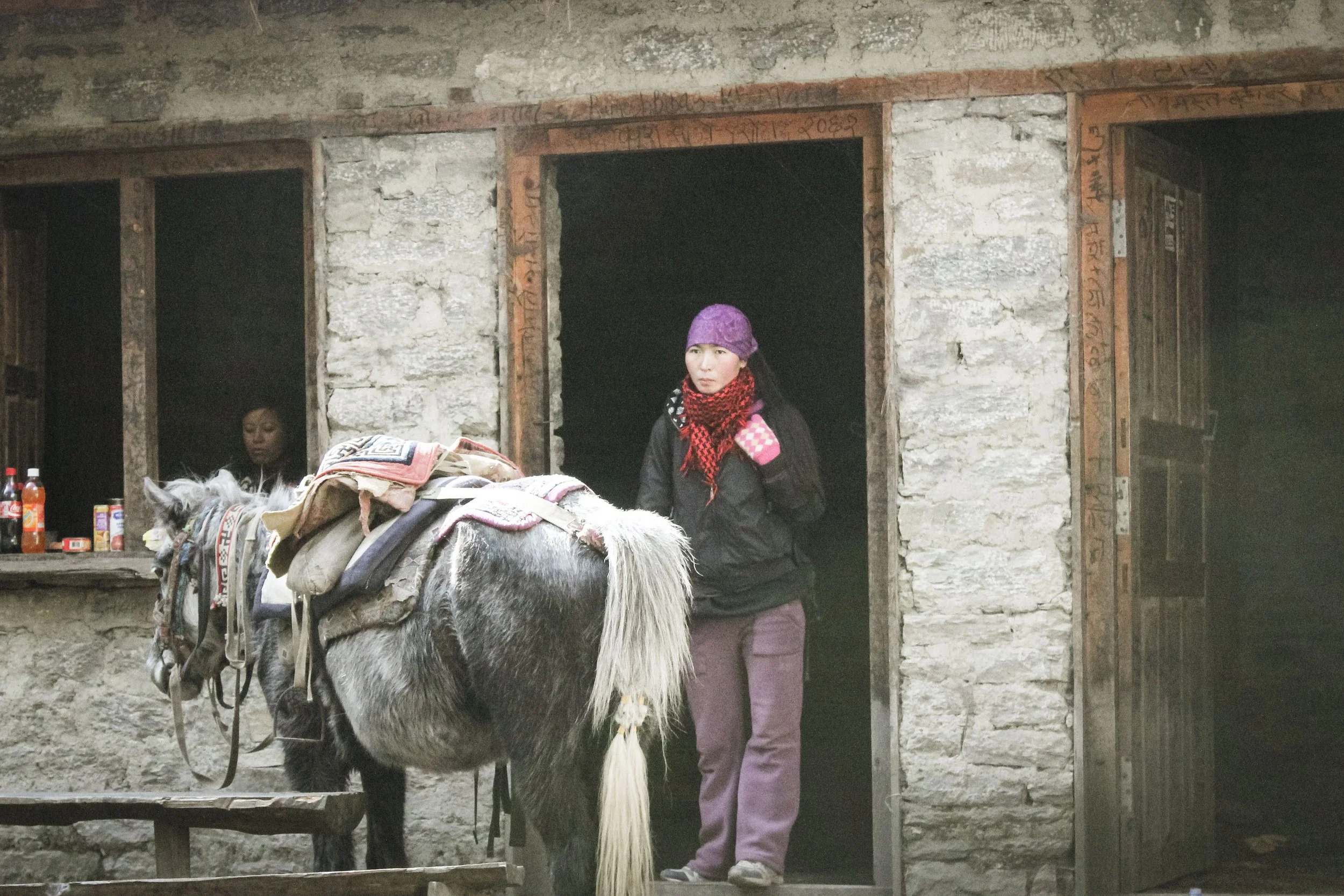 Mulher olhando para uma égua carregada com sacos, na frente de uma casa de pedra com portas e janelas de madeira, em uma área rural.
