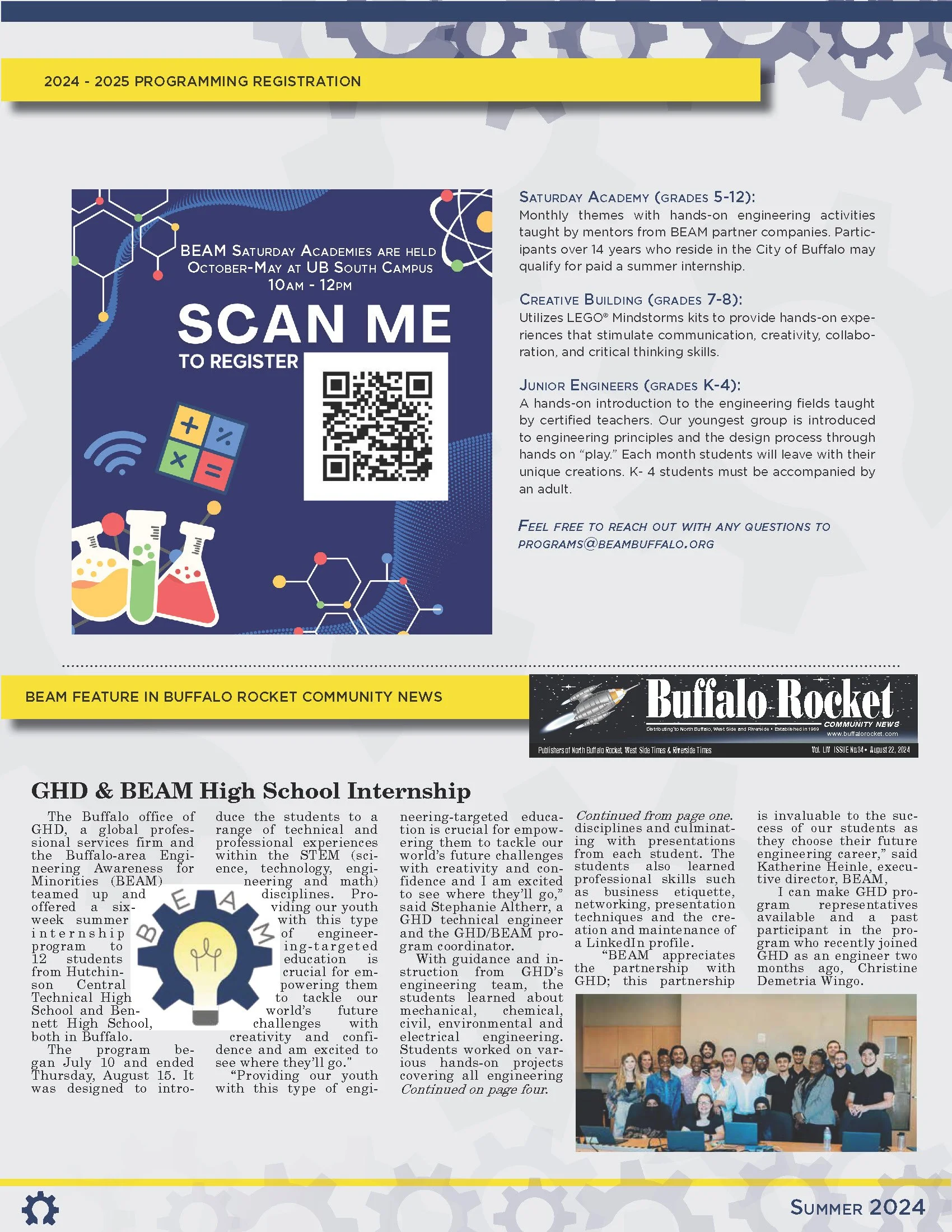Flyer featuring 2024-2025 programming registration details for BEAM Saturday Academies for grades 5-12, creative building for grades 7-8, and junior engineers for grades K-4, with QR code for registration and contact information. Includes BUFFALO ROC