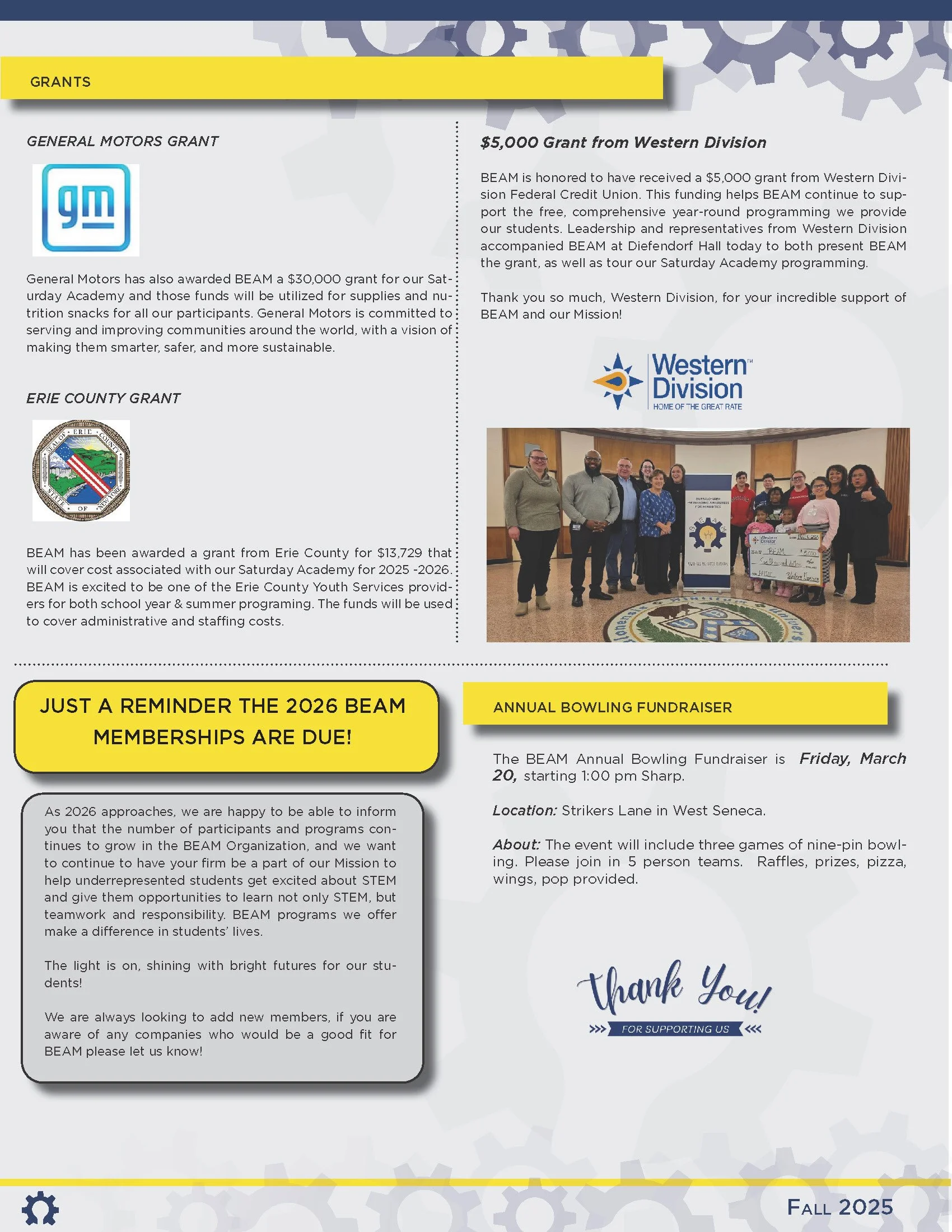 Newsletter page with information about grants, upcoming events, and reminders, including General Motors and Erie County grants, a photo of a group holding a large check, and details of the 2026 BEAM memberships and annual bowling fundraiser.