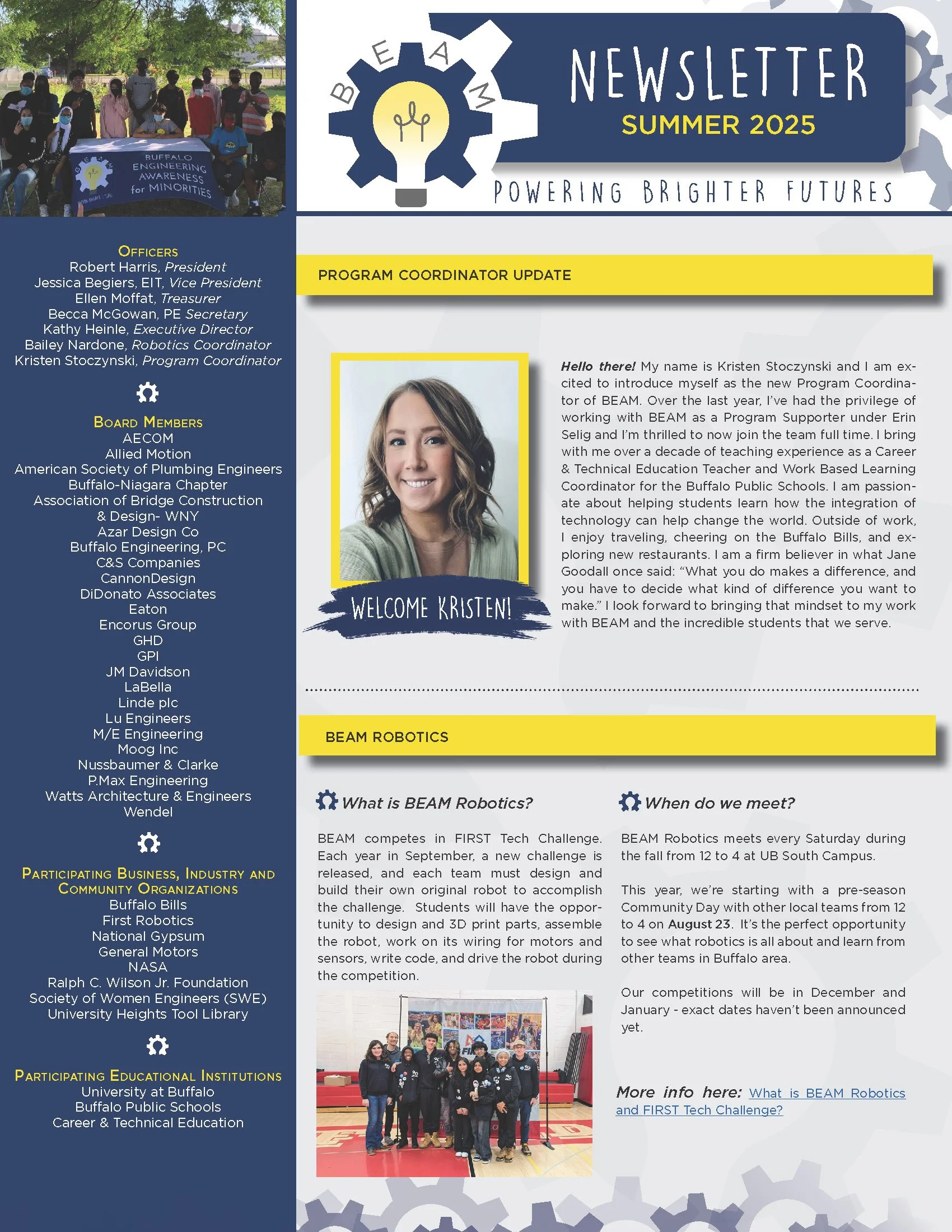 Buffalo Engineering Awareness for Minorities summer 2025 newsletter, featuring officers, board members, and program updates, with a photo of students outdoors holding a BEAM sign.