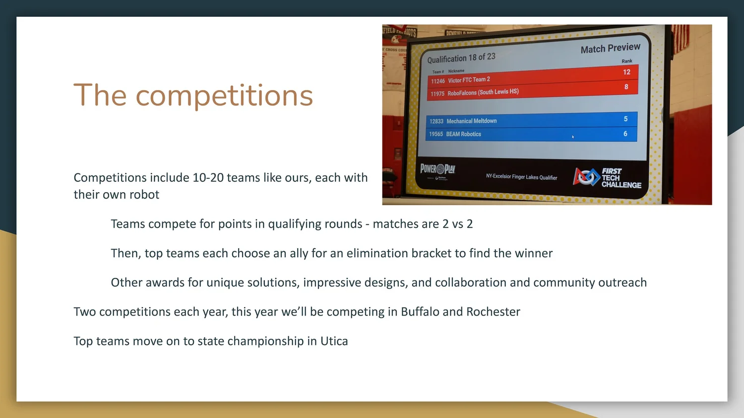 Slide titled "The competitions" showing a list of teams with their nicknames and ranks, part of a presentation about robotics competitions. There is also a photo of a scoreboard with team names and scores.