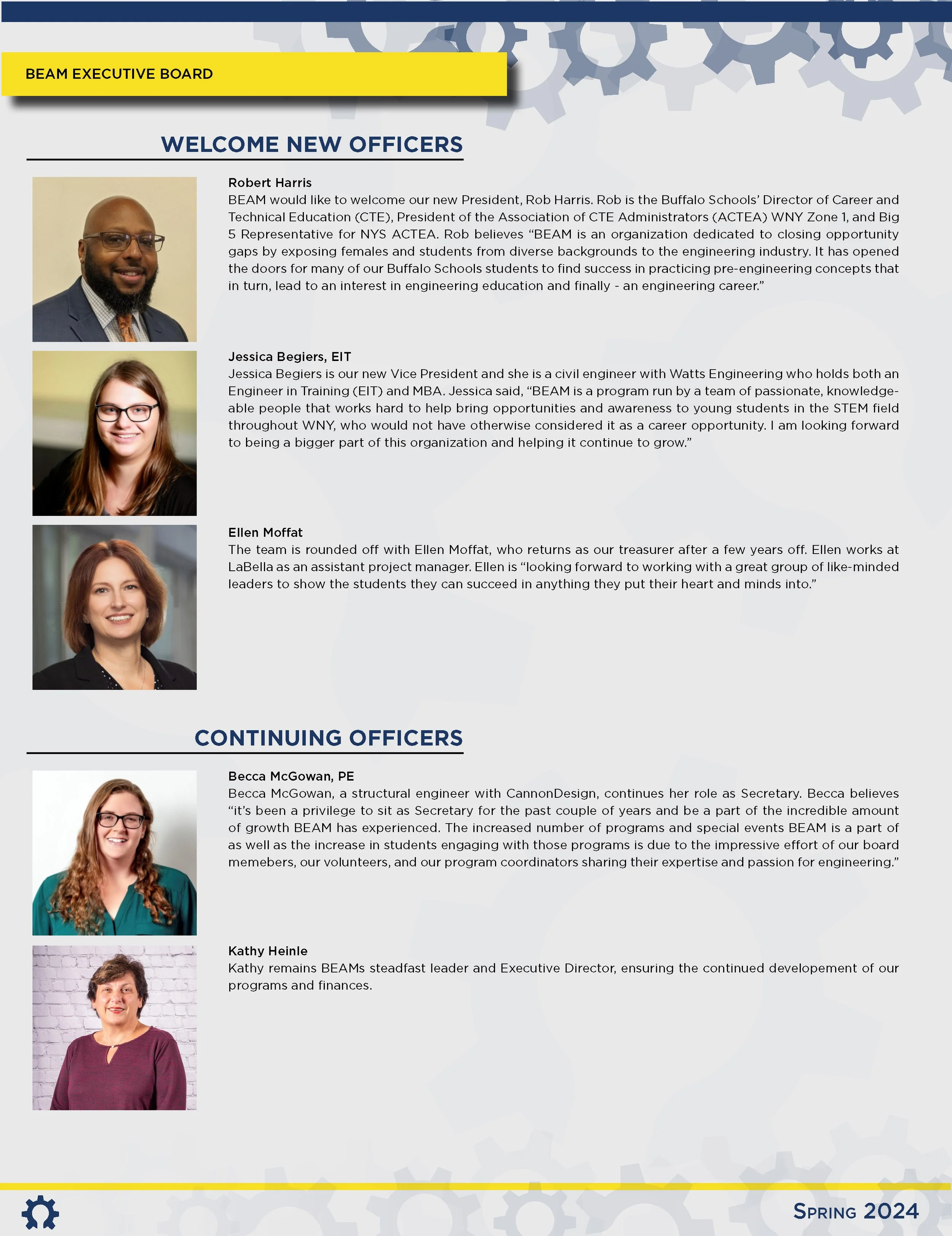 A flyer from the Beam Executive Board, welcoming new officers and continuing officers for Spring 2024, featuring photos and descriptions of Rob Harris, Jessica Begiers, Ellen Moffat, Becca McGowan, and Kathy Heinle.