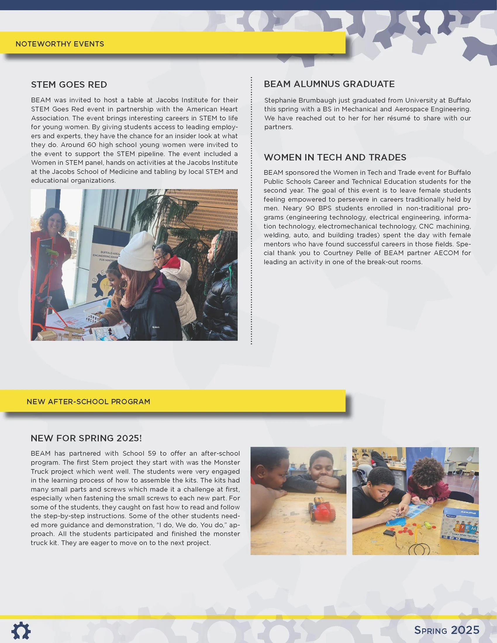 Newsletter page with sections titled 'Noteworthy Events' and 'New After-School Program,' featuring images of children participating in STEM activities and a young woman presenting at an event.