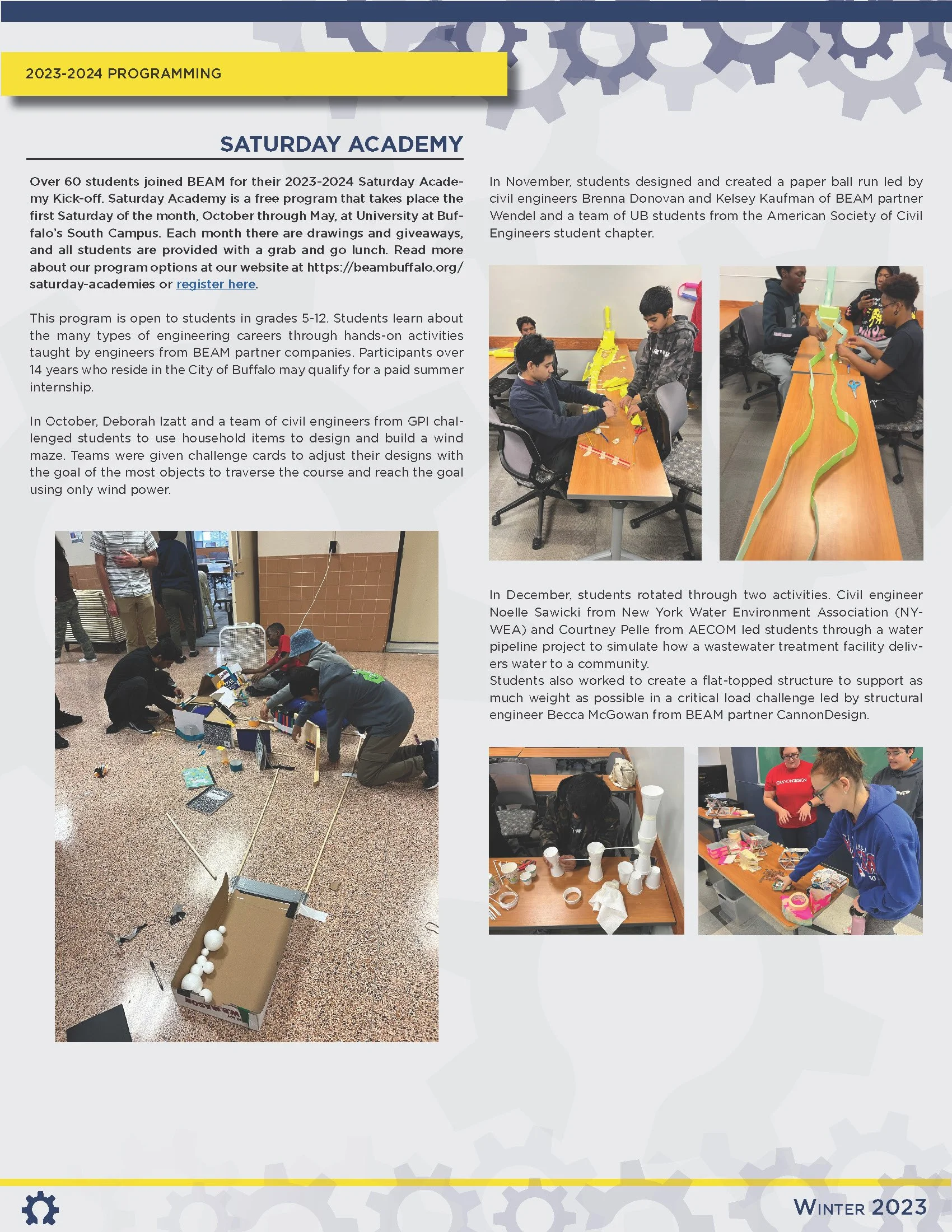 A flyer about 2023-2024 Saturday Academy programs with images of students engaging in engineering activities, including building structures and working on projects.