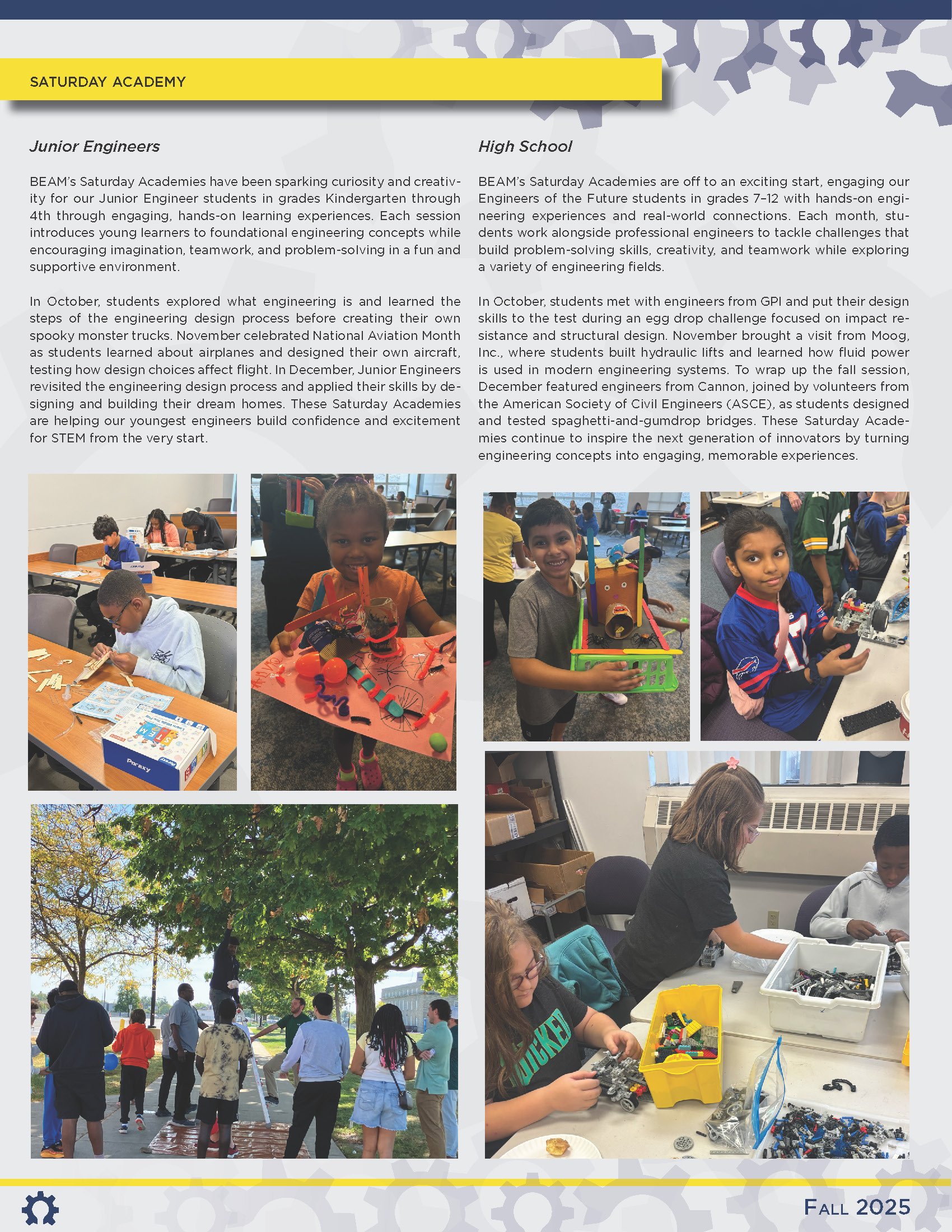 Photos of children and teenagers participating in engineering activities and outdoor events during the Saturday Academy program in Fall 2025, including building models, working with LEGO robotics, and engaging in educational experiments.
