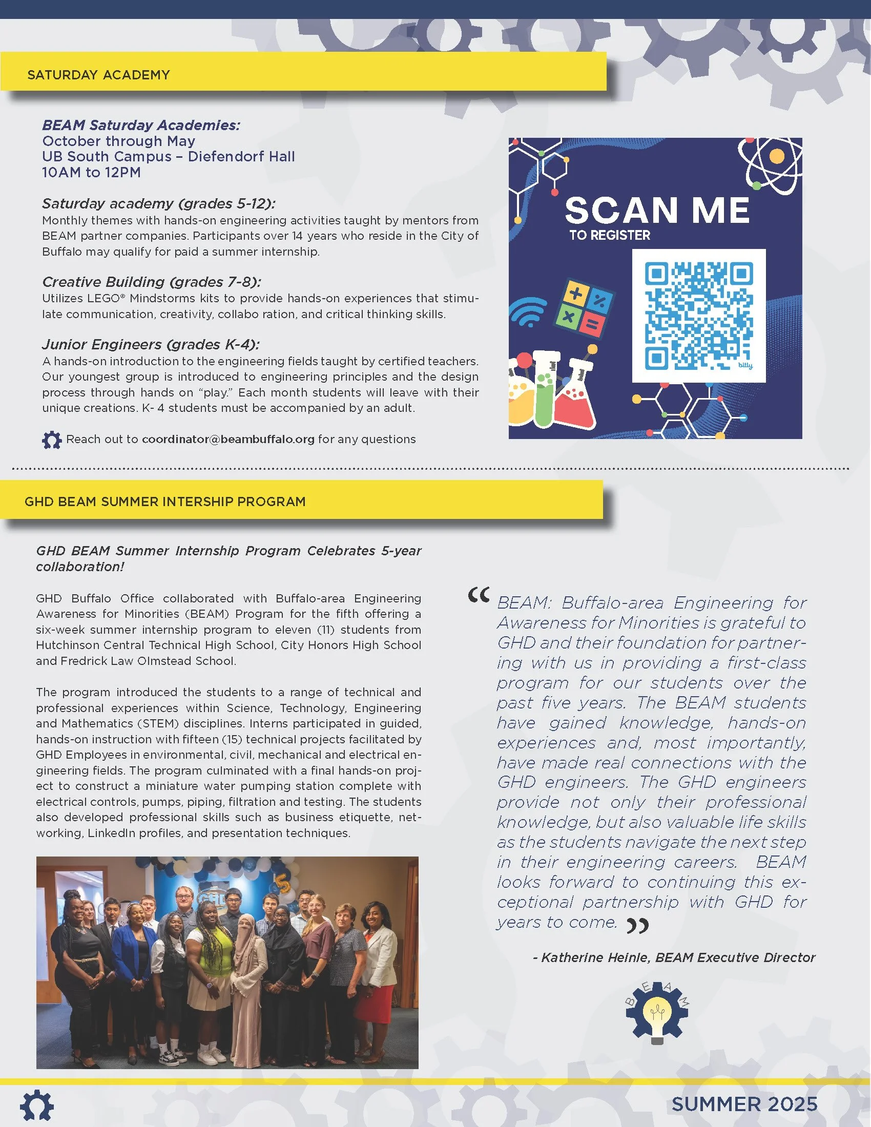 Flyer for Saturday Academy at UB South Campus with sections on BEAM Saturday Academies, Summer Internship Program, and a group photo of students and staff.