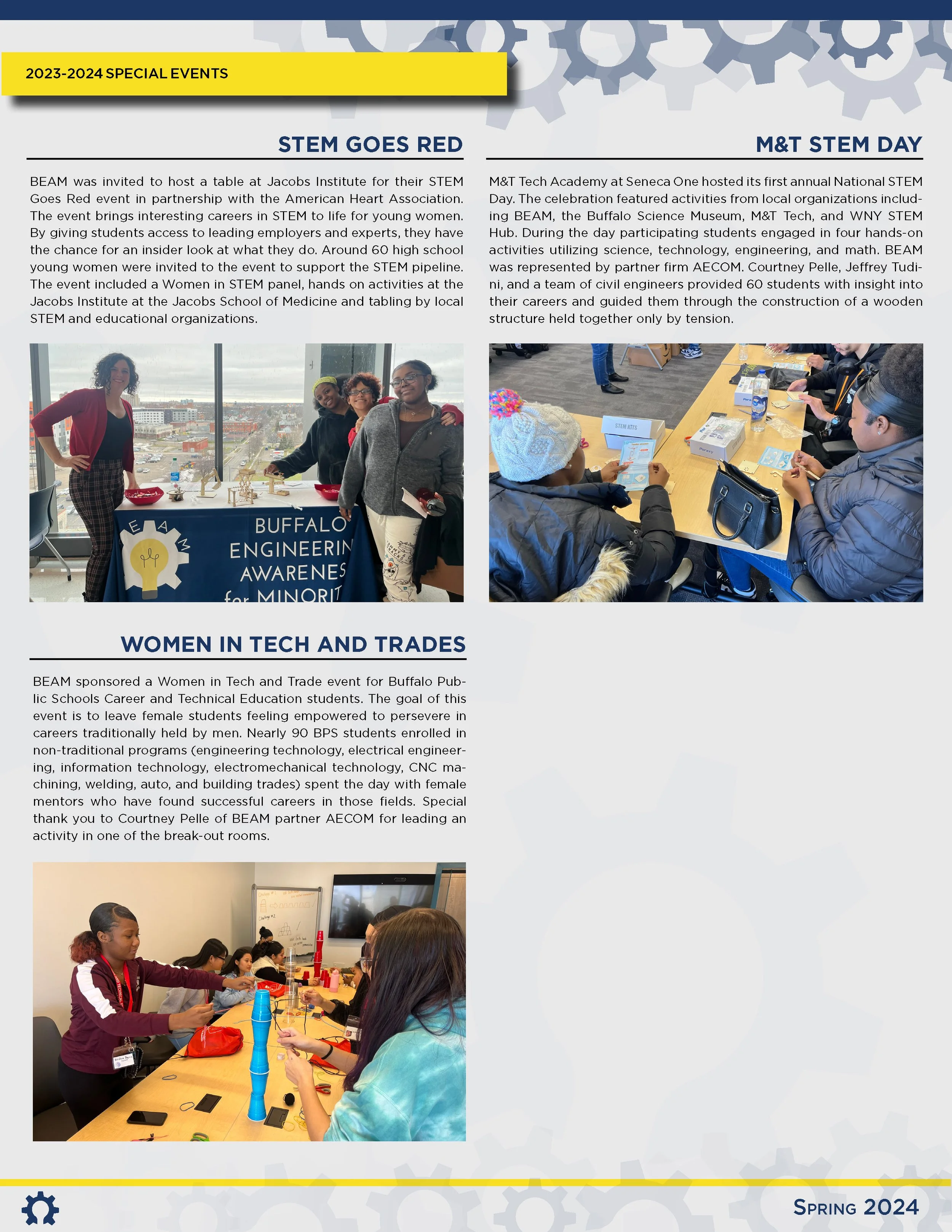 A newsletter page titled '2023-2024 Special Events' featuring three sections with images. The first section, 'STEM Goes Red,' shows three young women at a table with a city view. The second, 'M&T STEM Day,' depicts students engaged in activities at a