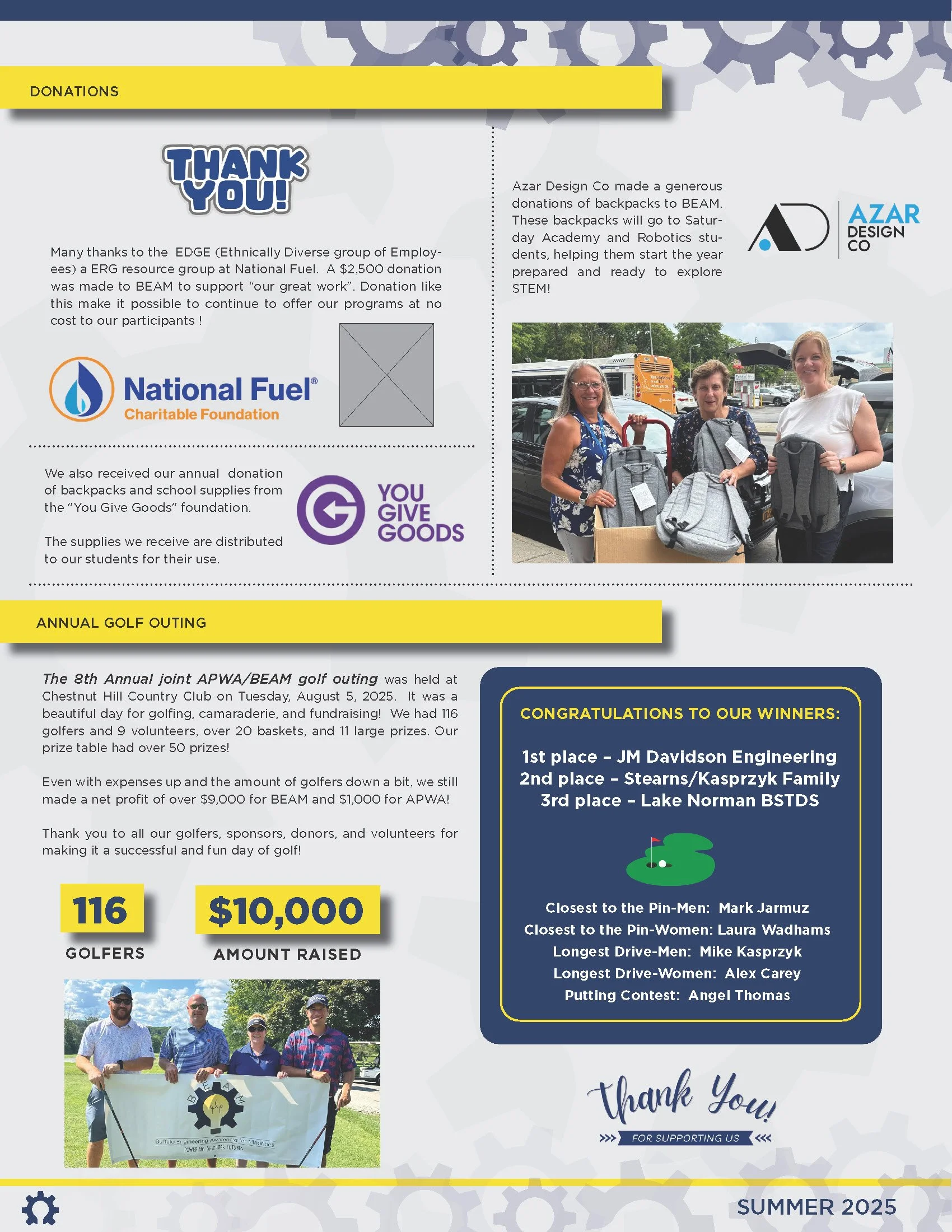 Newsletter page with sections on donations and annual golf outing, including a photo of three women holding backpacks, logos of National Fuel and Azar Design Co, and a group photo of four golf participants holding a banner.