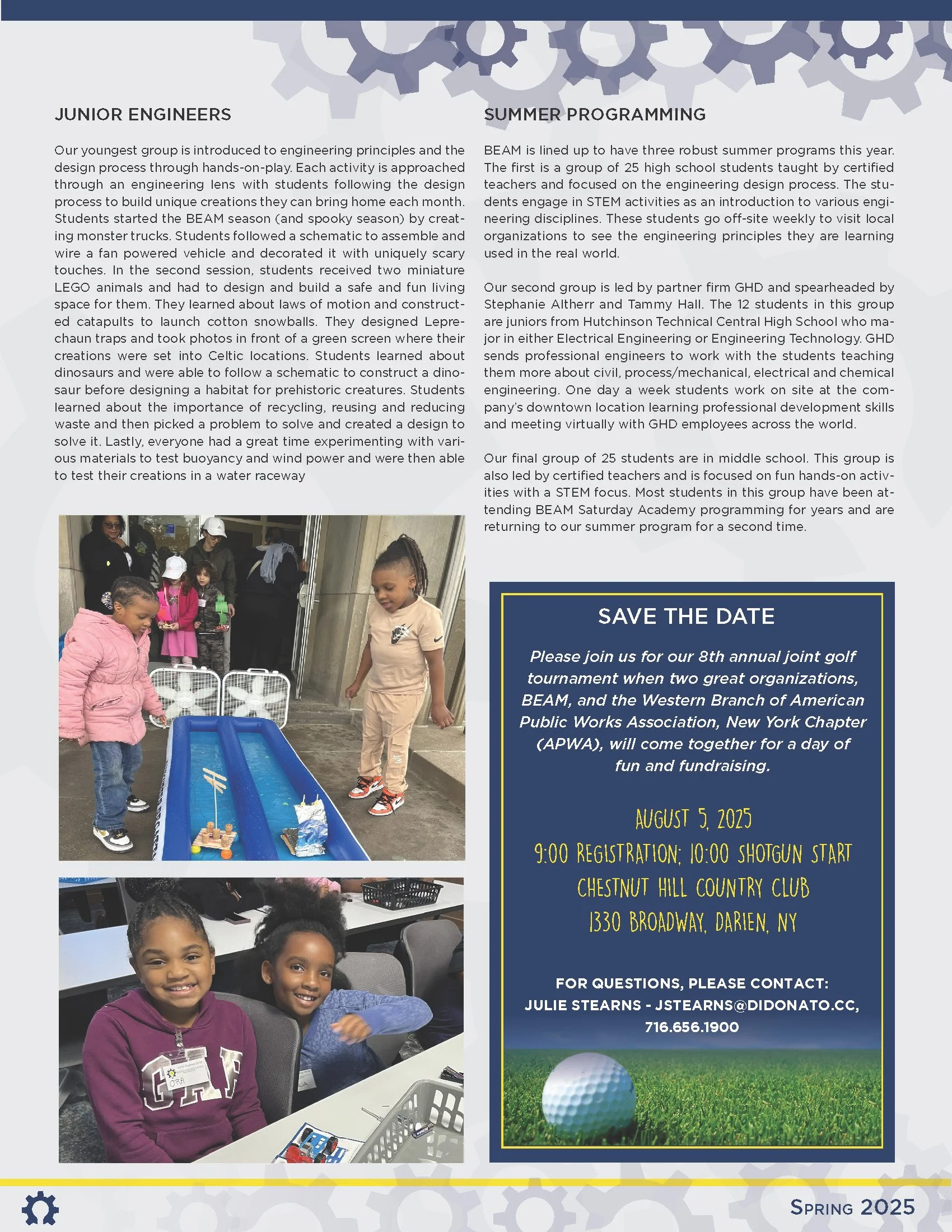 Children participating in a science and engineering summer program, with a flyer about the program and its details, including date, location, and contact information.