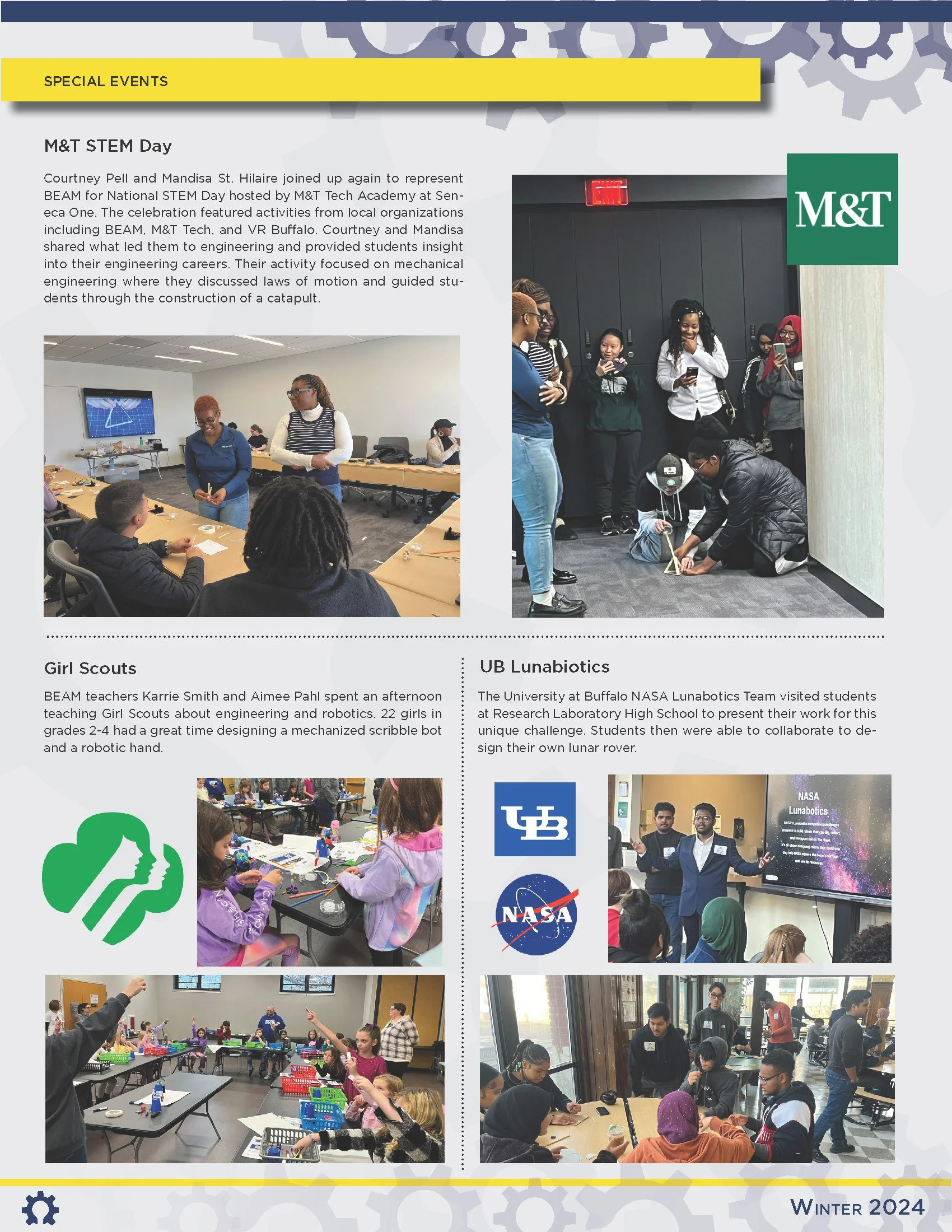Group of girls and women participating in STEM activities, including engineering and robotics, with some presenting research and collaborating on projects at a science event in Buffalo.
