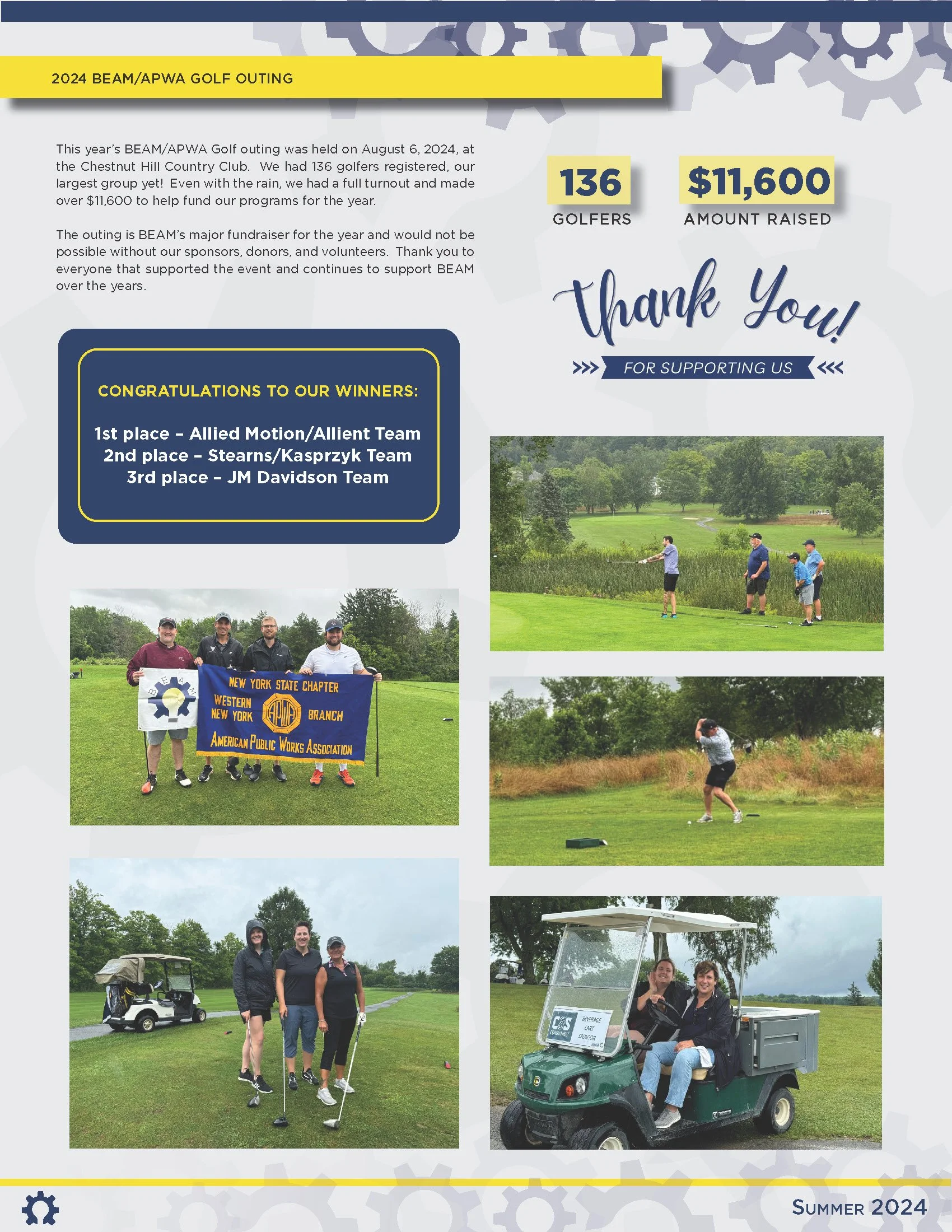 Flyer for 2024 BEAM/APWA Golf Outing on August 6, 2024, at Chestnut Hill Country Club, featuring images of golfers, a golf cart, and a group holding a banner for the Western New York Chapter of the American Public Works Association.