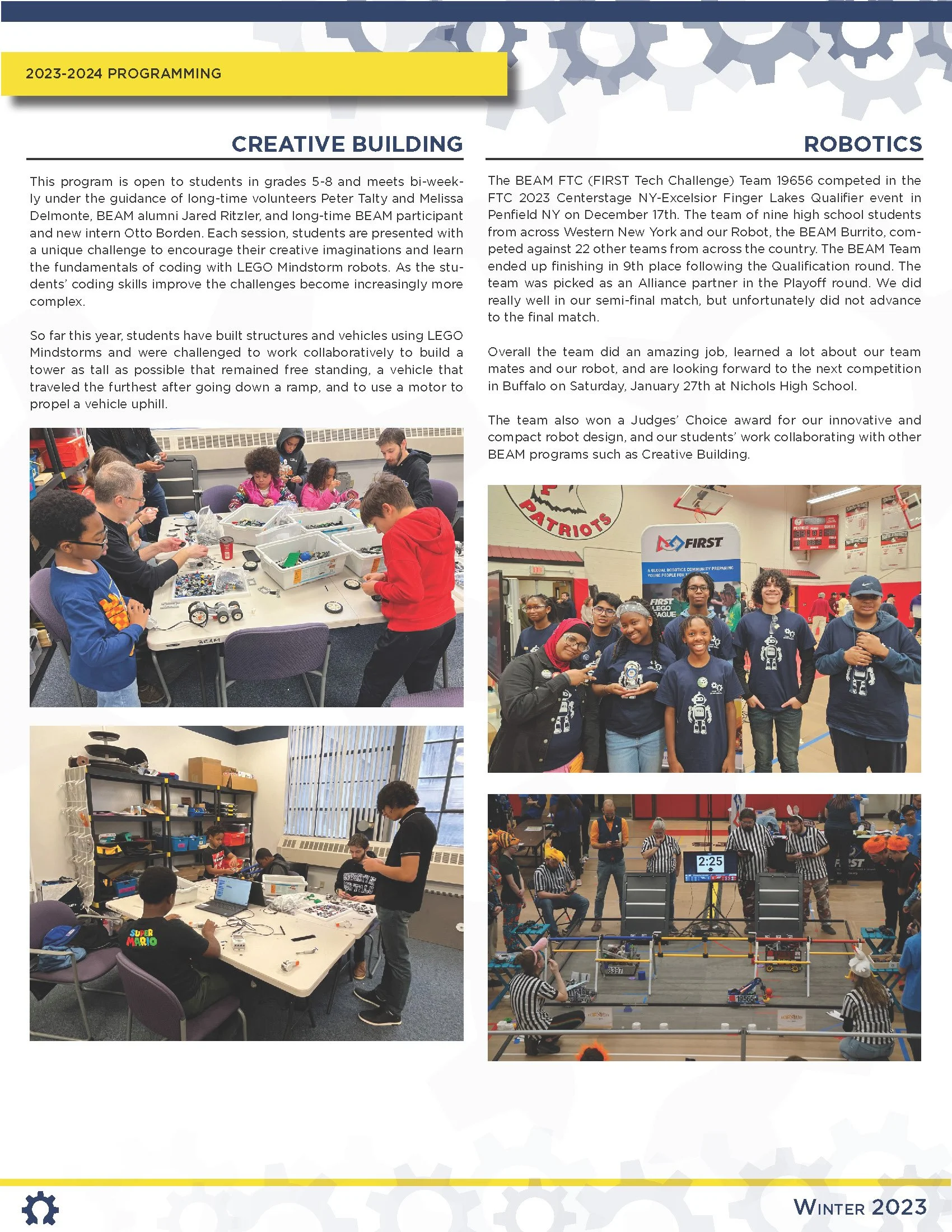 A page from a program magazine shows images and text about STEM activities like Robotics and Creative Building for the 2023-2024 school year. The images include students building and coding robots, participating in robotics competitions, and working 