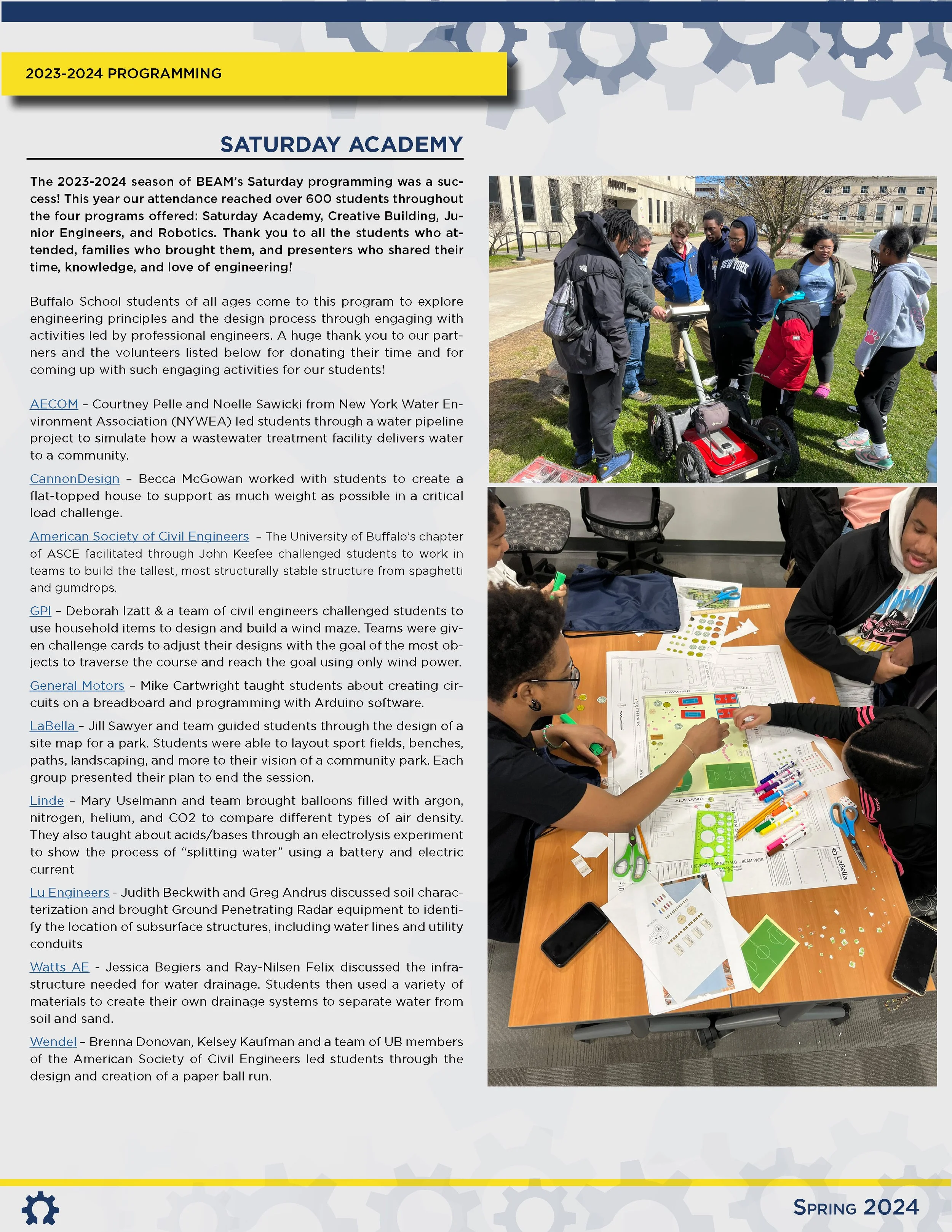 A flyer for the 2023-2024 programming season of BEAM's Saturday Academy, featuring two photos of students engaged in engineering activities, and text describing various projects and collaborations with engineers and organizations.