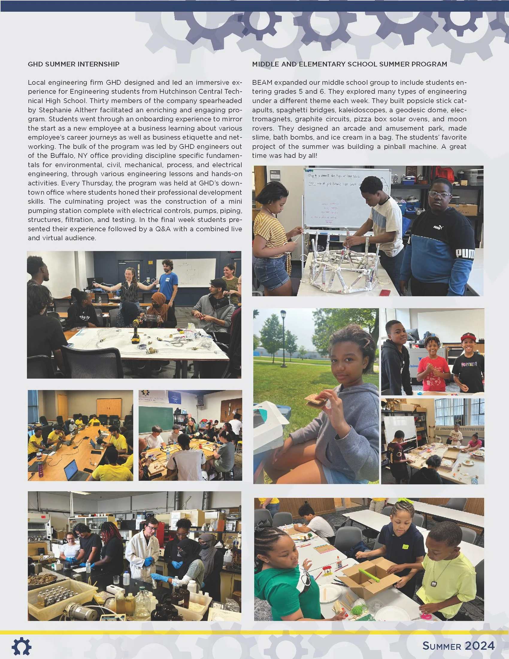 A collage of photos showing children and teenagers participating in various summer engineering programs, working on projects, working with computers, and engaging in hands-on activities.
