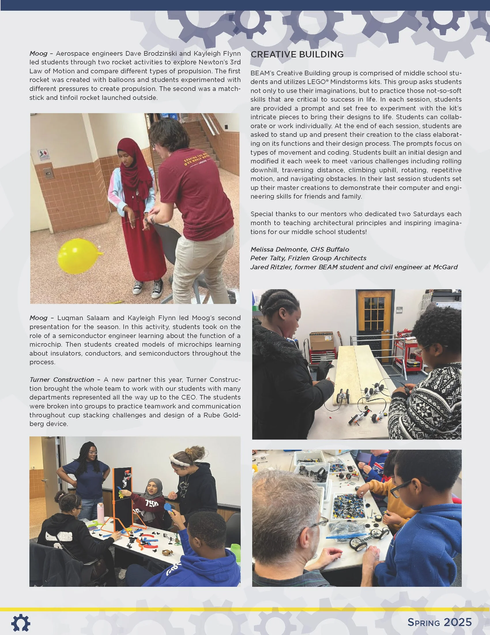 Page from a newsletter or brochure about STEM activities in middle school, featuring images of students and teachers engaged in rocket building, microchip learning, and robotics projects.