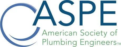 The logo of the American Society of Plumbing Engineers with the acronym 'ASPE' in large blue letters and the organization's full name in smaller green letters below.