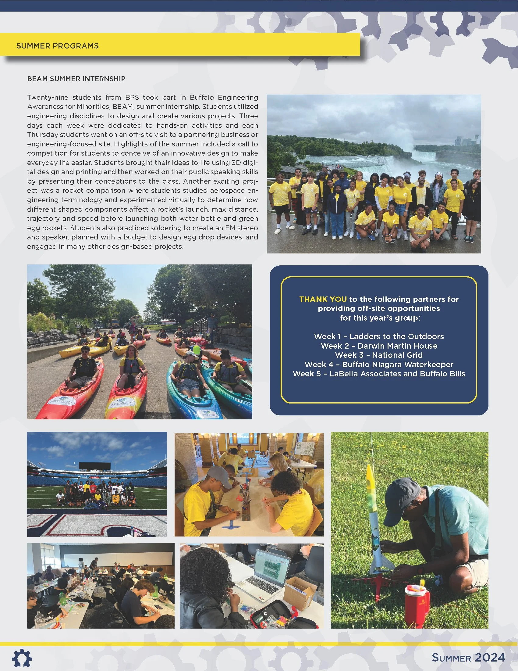 Group of students in yellow shirts at Niagara Falls, kayaking, playing at a stadium, working on science projects, and launching a model rocket outside, with a blue box of thanks for partners for off-site opportunities.