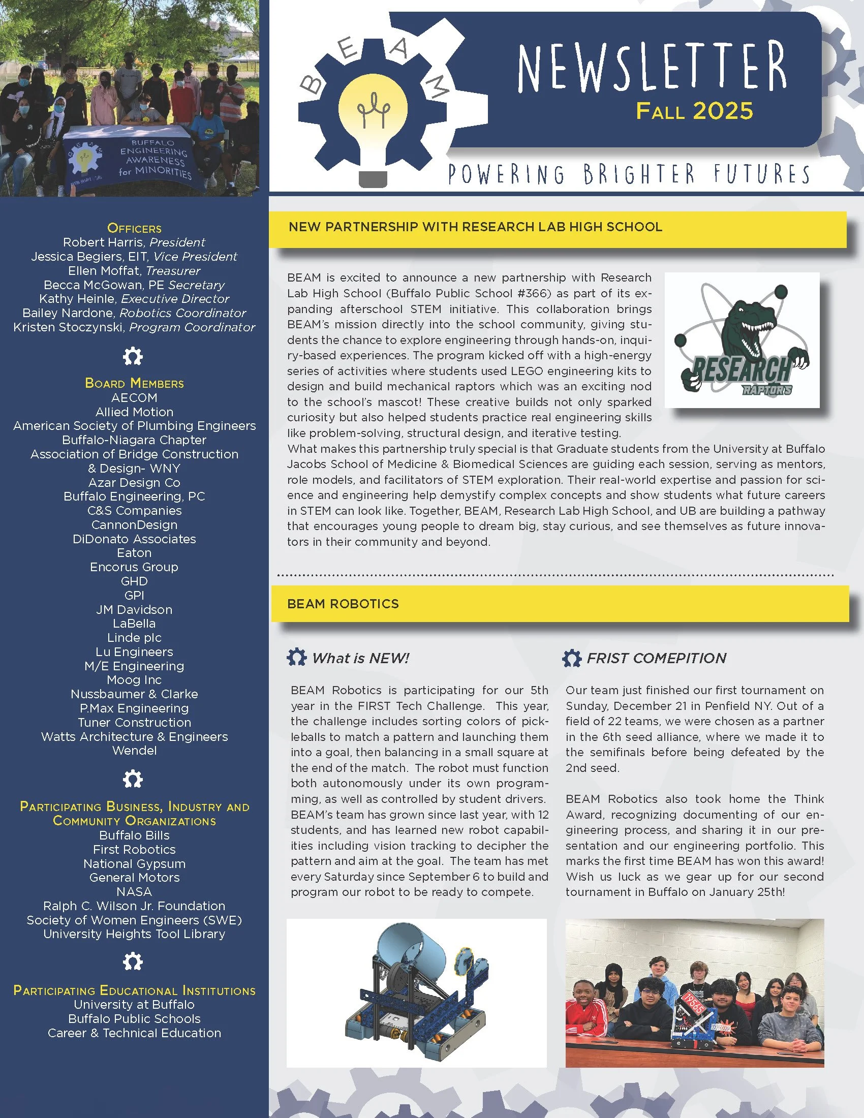 Buffalo Engineering Awareness for Minorities FALL 2025 newsletter with a group photo of students holding a banner, a graphic of a robotic dinosaur, and a photo of a student team with their robot.