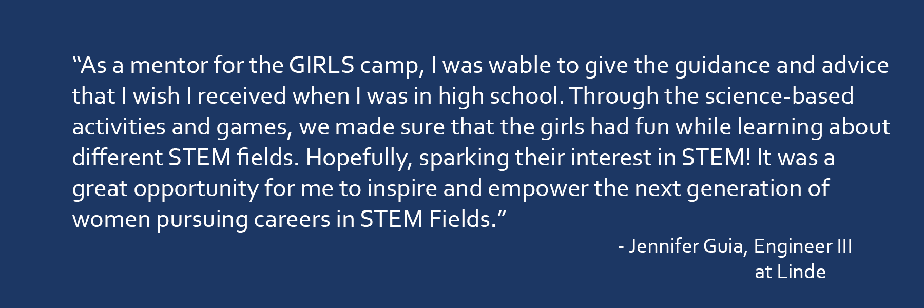 Quote about mentoring girls in STEM from Jennifer Guia on blue background.