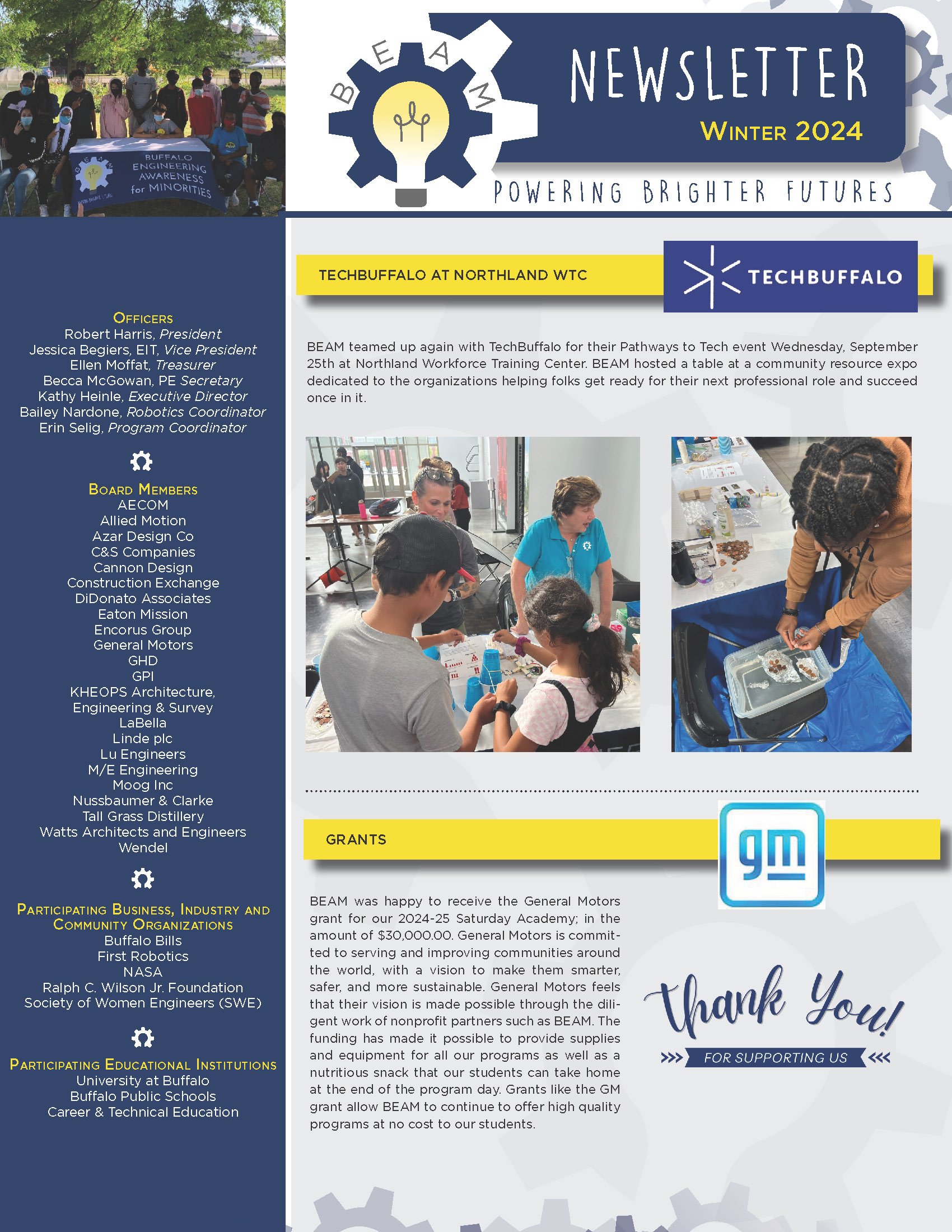 Newsletter titled 'BEAM' Winter 2024 with the theme 'Powering Brighter Futures'. Includes photos of people engaging in a community event at Northland WTC, with a banner for Buffalo Engineering Awareness for Minorities. Contains sections on BEAM team 