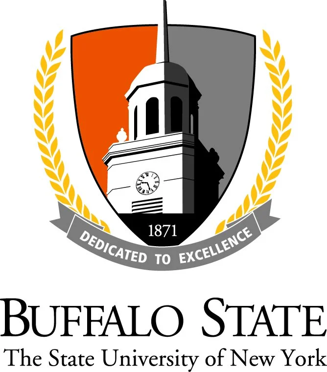 Buffalo State logo with a shield containing a clock tower, surrounded by gold laurel branches, and the text 'Dedicated to Excellence', '1871', and 'Buffalo State, The State University of New York'.