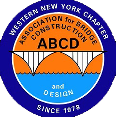 Circular logo for the Western New York Chapter of the Association for Bridge Construction and Design, featuring an orange and white bridge illustration over blue water, with text around the circle stating the organization's name and founding year of 1978.