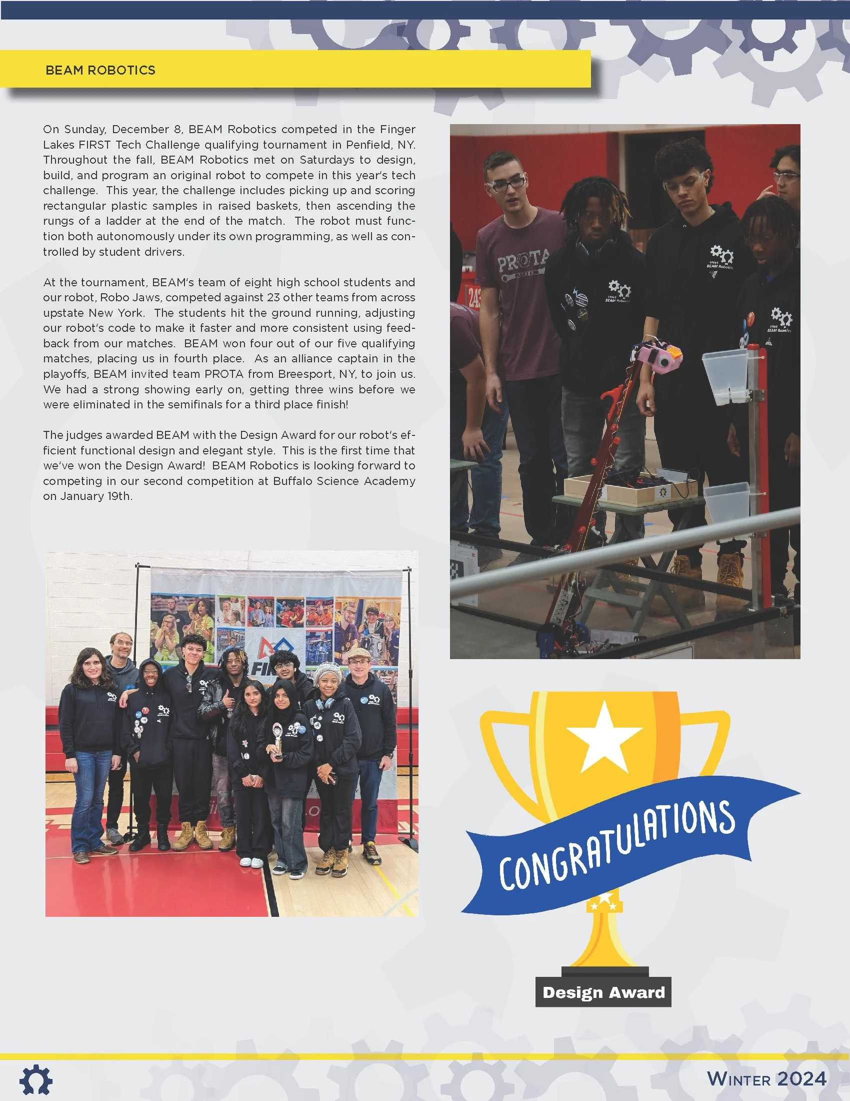 Group of students and their coaches at a robotics competition, standing on a gymnasium floor behind a trophy graphic with a congratulatory banner reading "Conratulations" and a label "Design Award" at the bottom.