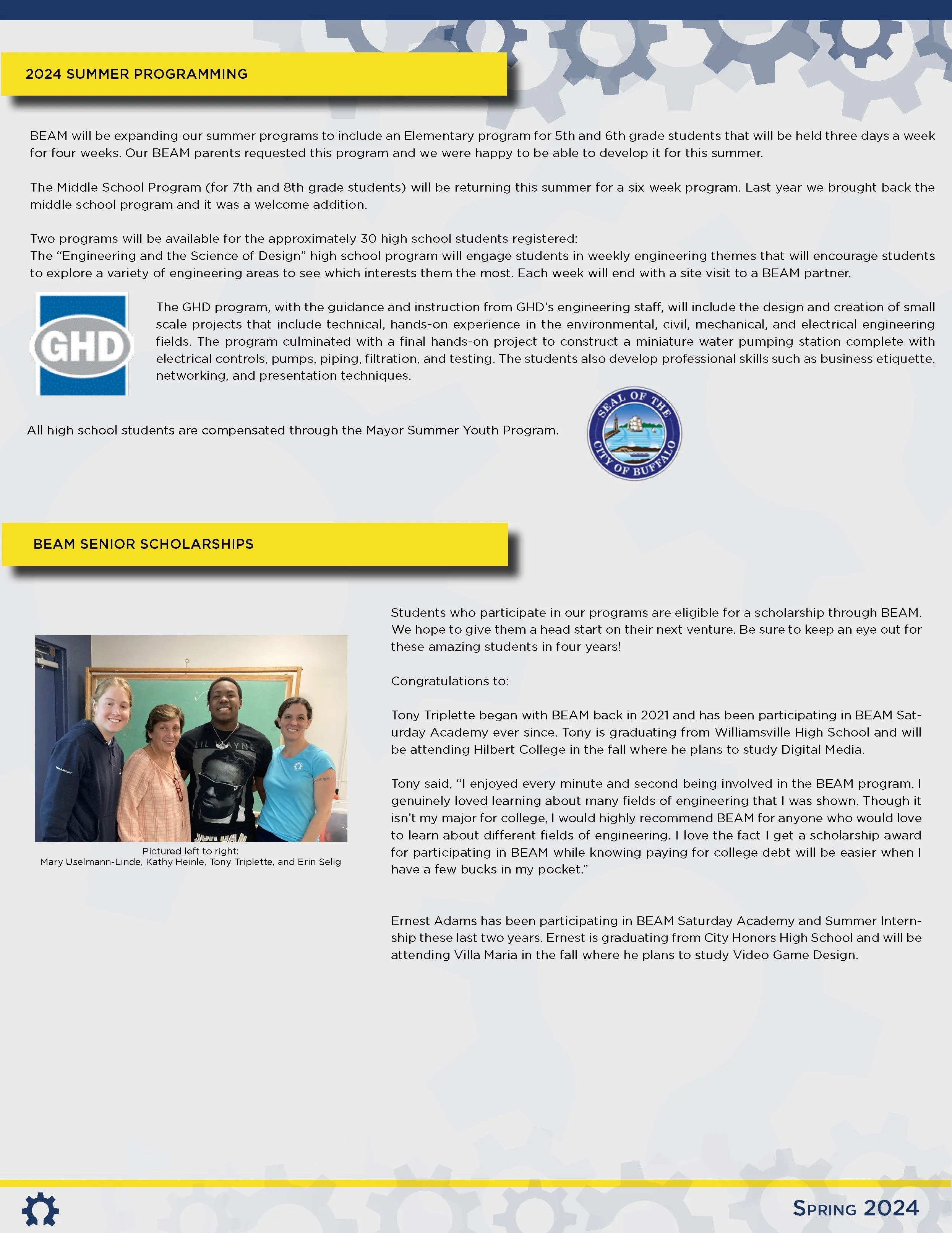 A flyer titled '2024 Summer Programming' and 'BEAM Senior Scholarships' describes summer programs and scholarships for high school students, including images of students and logos for GHD and Buffalo city.