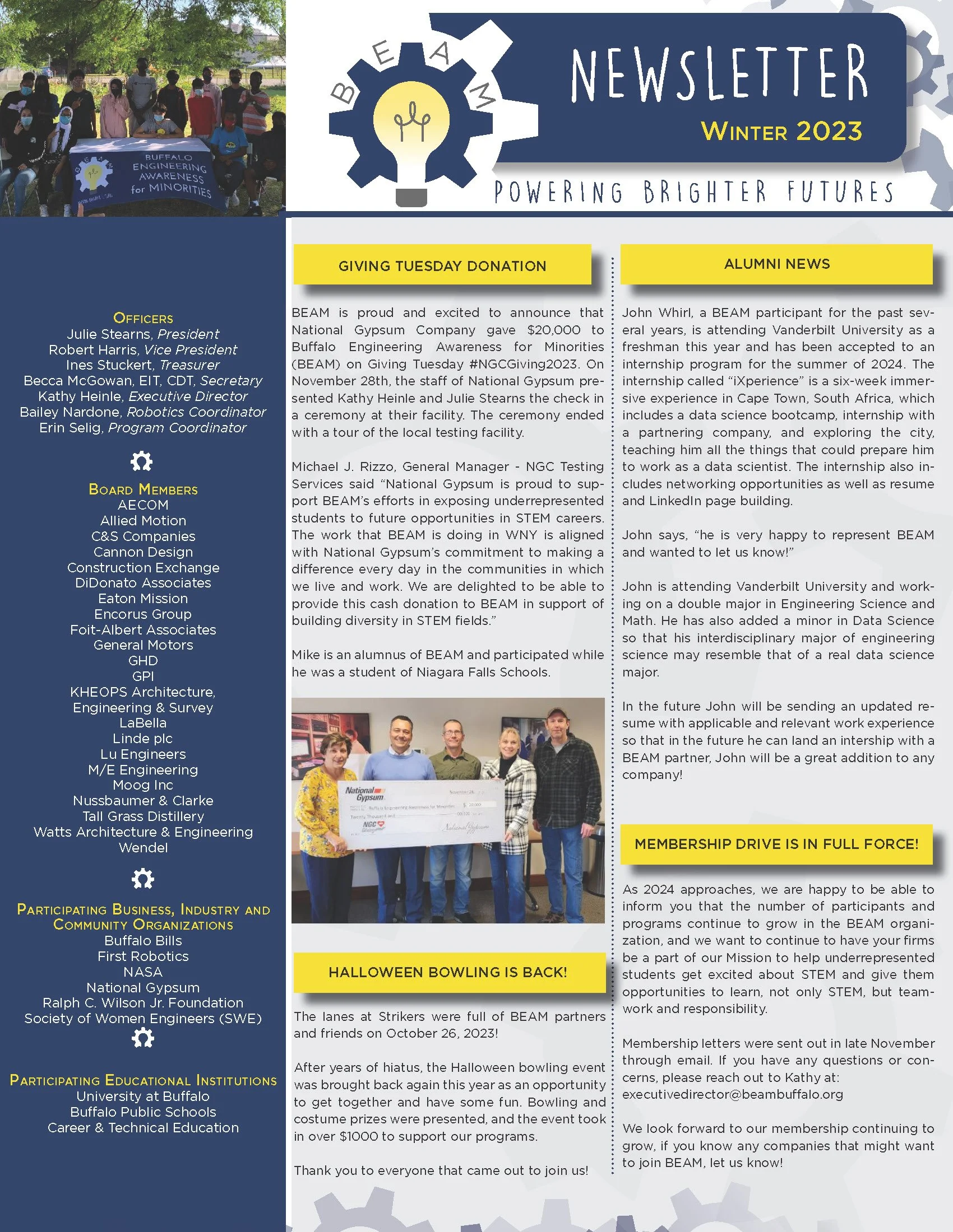 BEAM Winter 2023 newsletter featuring a group of people holding a BEAM banner, with sections on giving Tuesday donations, alumni news, Halloween bowling event, membership drive, and educational institutions.