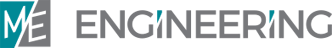 Close-up of a logo with stylized text 'ME' and the word 'ENGINEERING' in gray. Part of the design includes a blue diagonal accent.