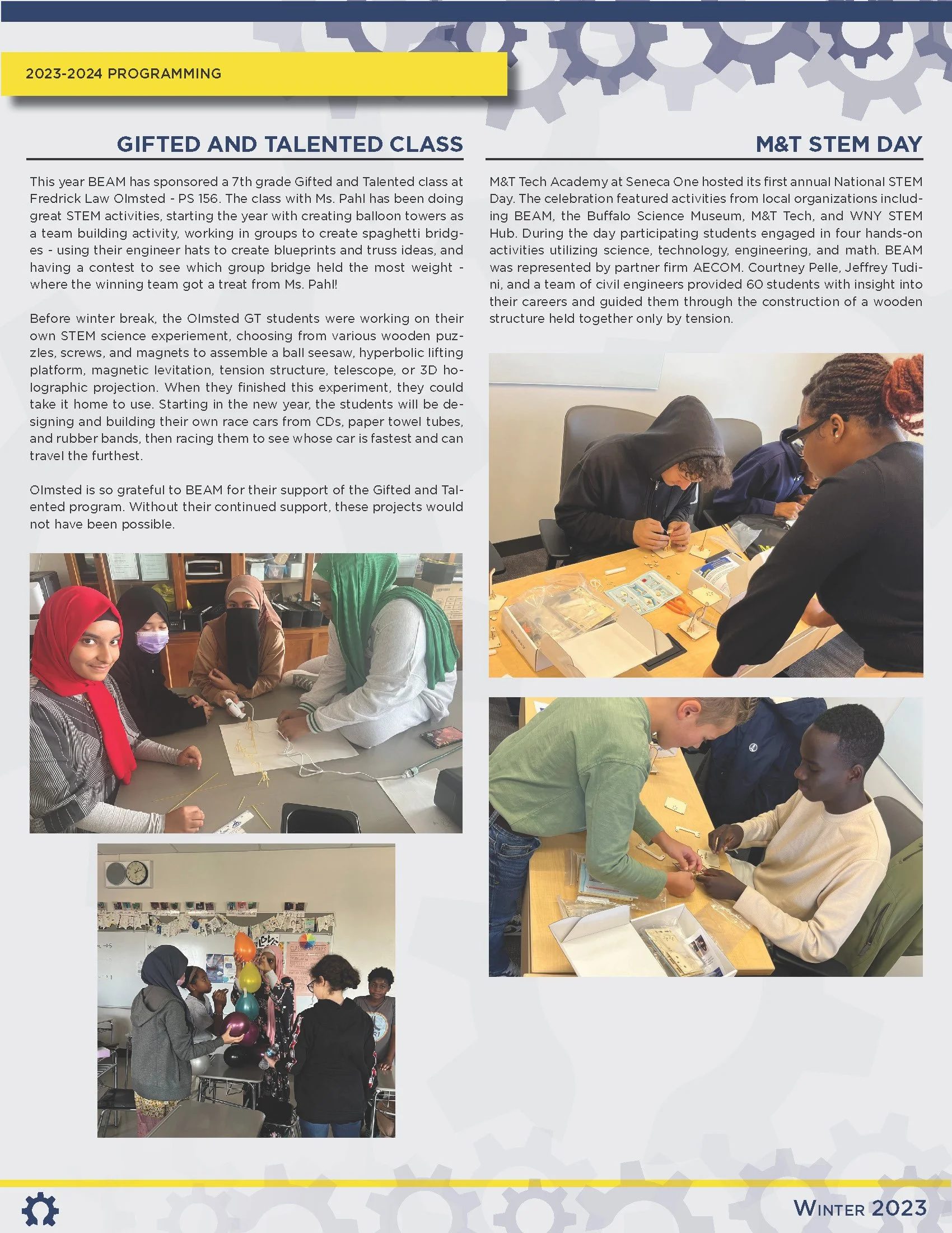 Photographs of students participating in STEM activities and projects at a classroom and workshop during National STEM Day, including building structures, working with balloons, and assembling kits.