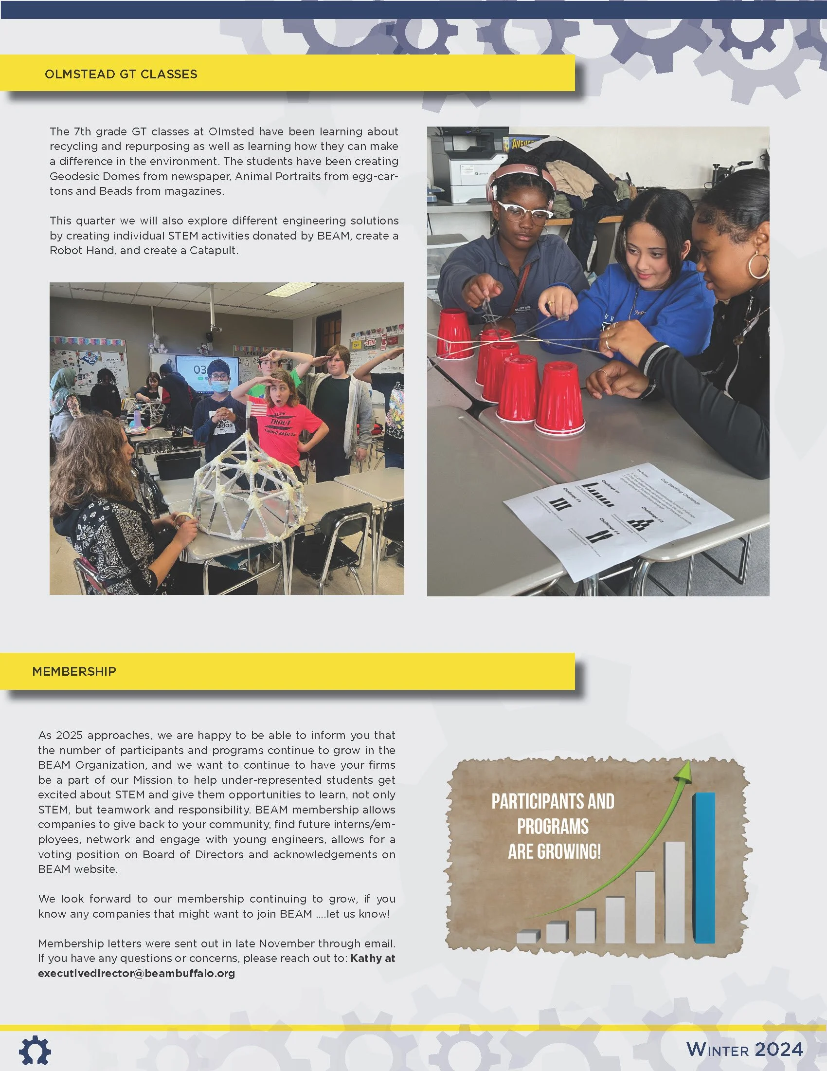 Students participating in STEM activities at Olmstead GT Classes, including building geodesic domes and working on engineering projects.