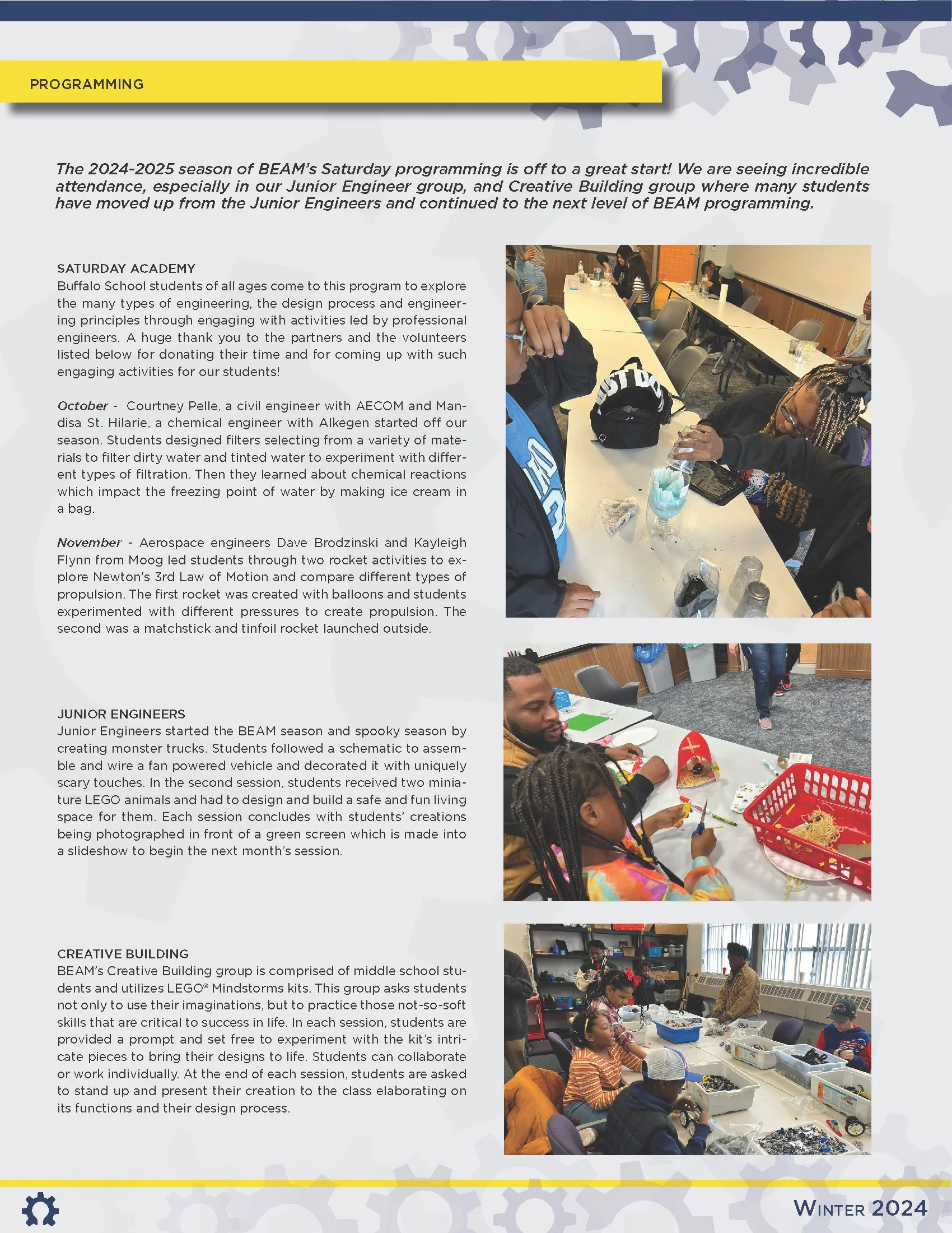 Photos of students participating in engineering and STEM activities during a program, including creative building and rocket projects.