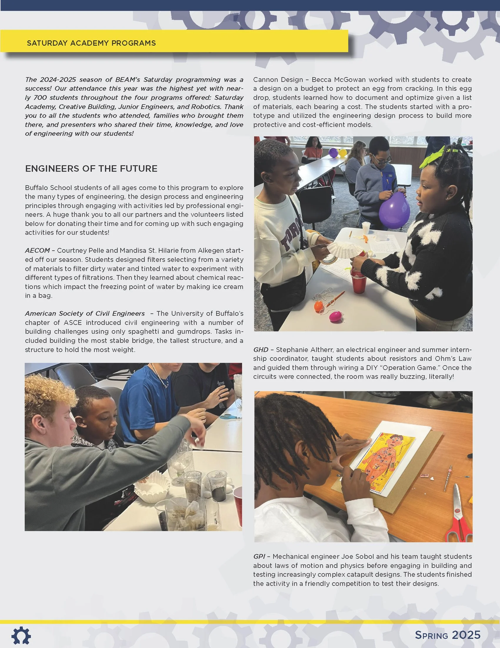 Page from a program booklet showing students participating in engineering activities during a Saturday Academy program at Buffalo School. Includes images of students working with engineering materials, circuits, and art projects.
