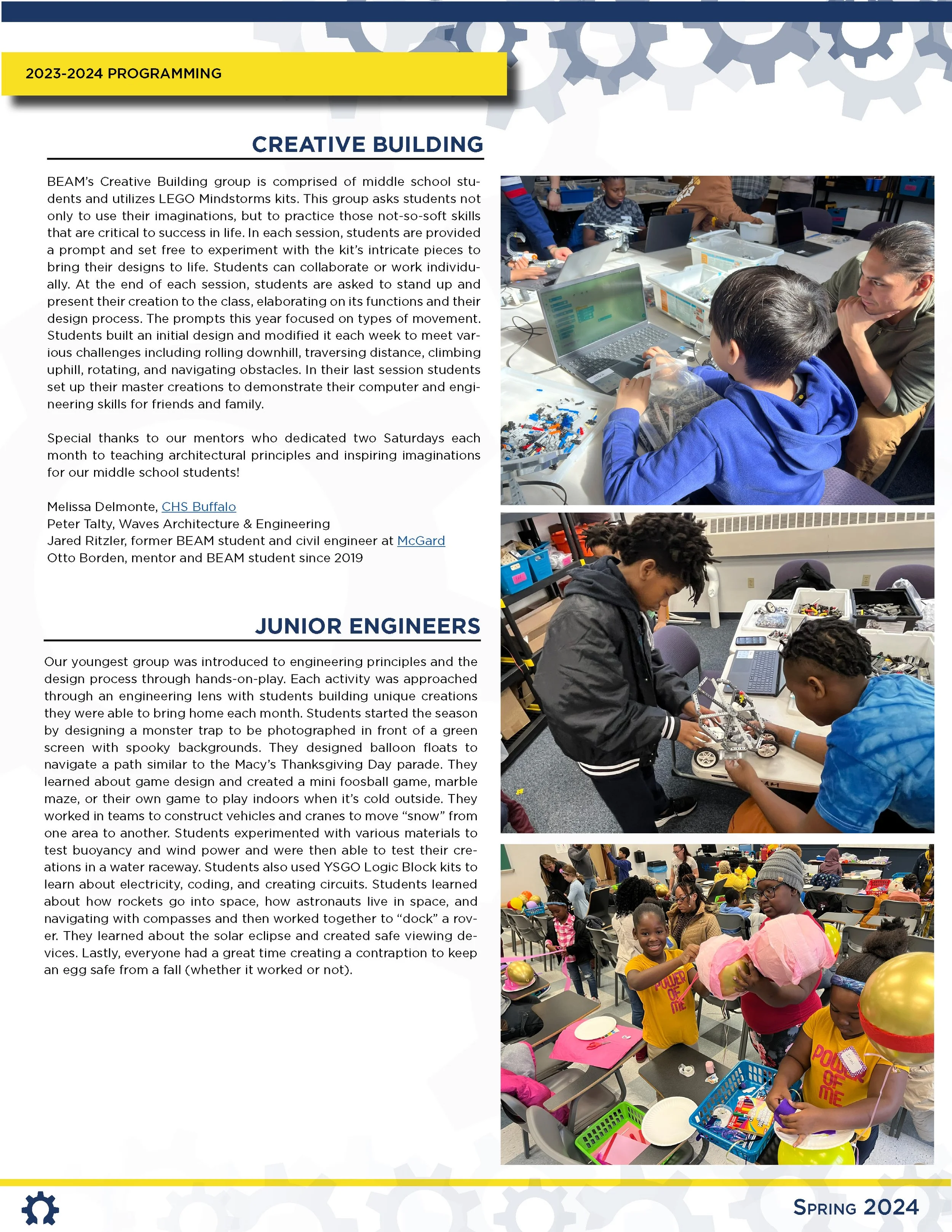 Group of middle school students working on robotics projects, participating in hands-on engineering activities, and celebrating with balloons and gifts at an event.