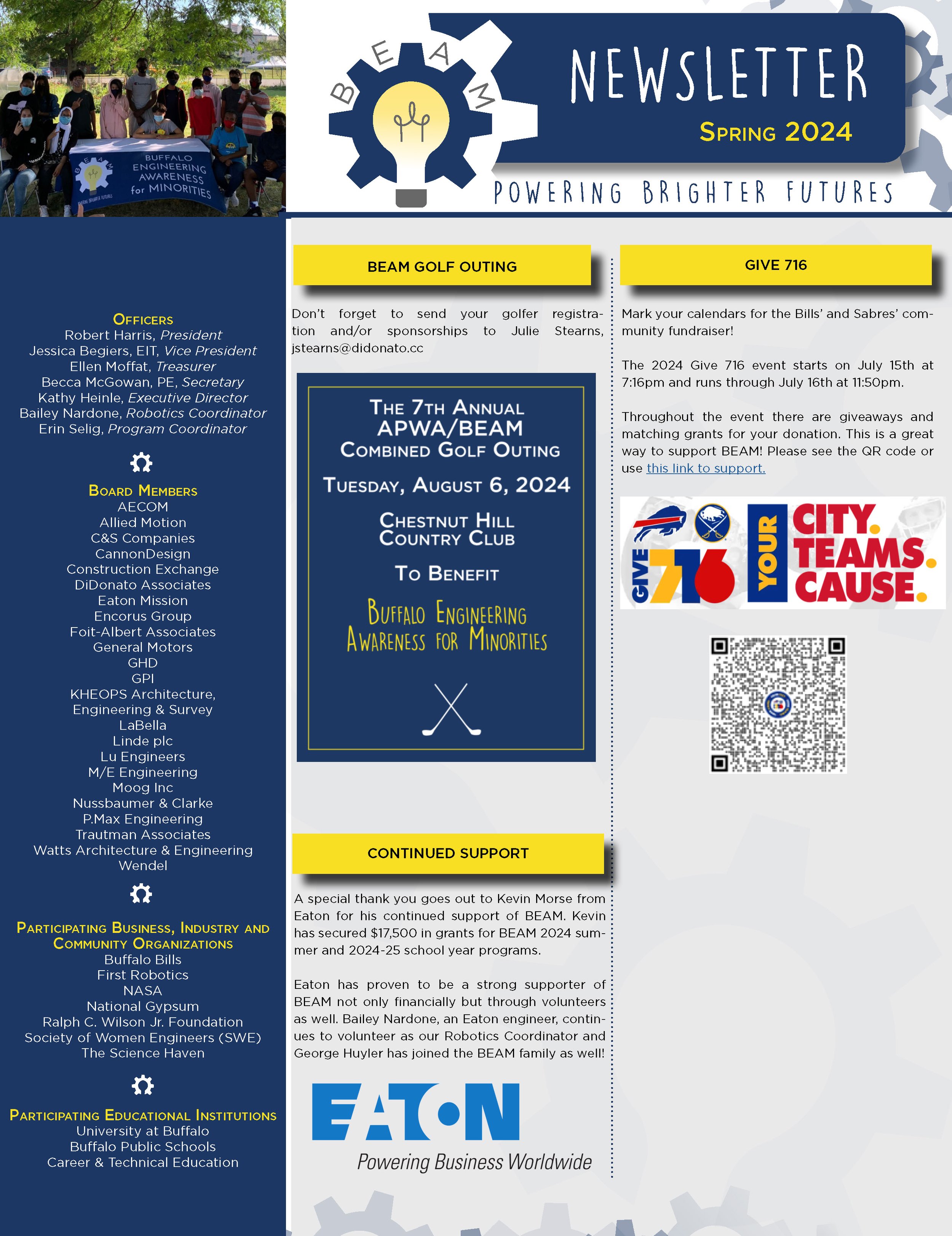 Buffalo Engineering Awareness for Minorities newsletter for Spring 2024 featuring a group photo of people outdoor holding a banner, event details, and logos of sponsors and supporters.