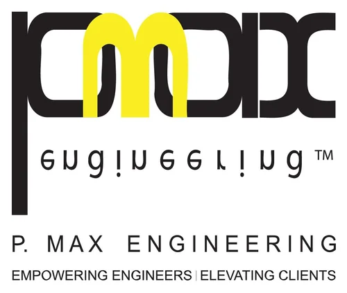 Logo of P. Max Engineering featuring a stylized 'M' in yellow and black, with the tagline 'Empowering Engineers | Elevating Clients'.