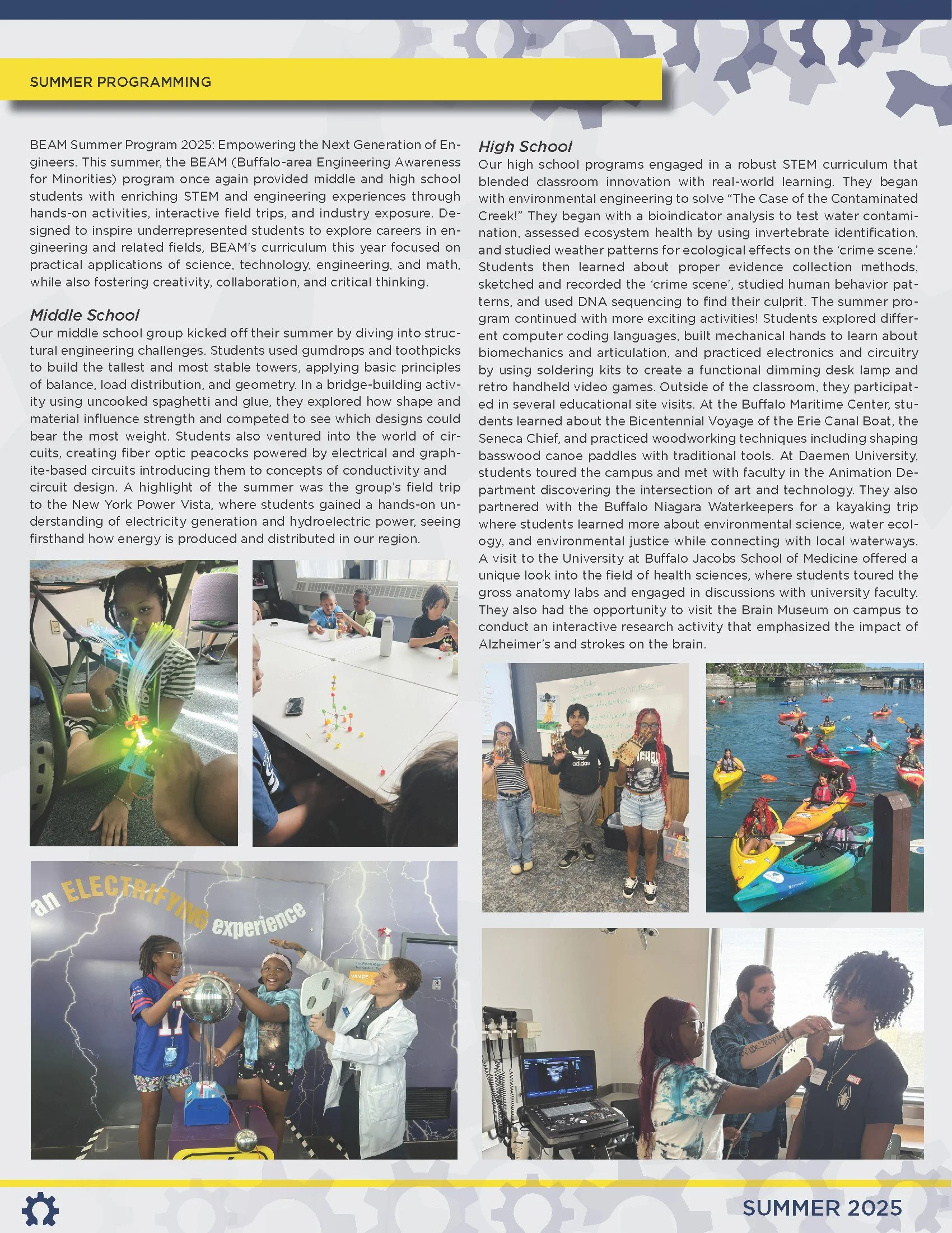Photos of students engaging in STEM activities, including a girl with a glowing electronic project, children playing with building blocks, students presenting, children kayaking, and students undergoing a medical exam.