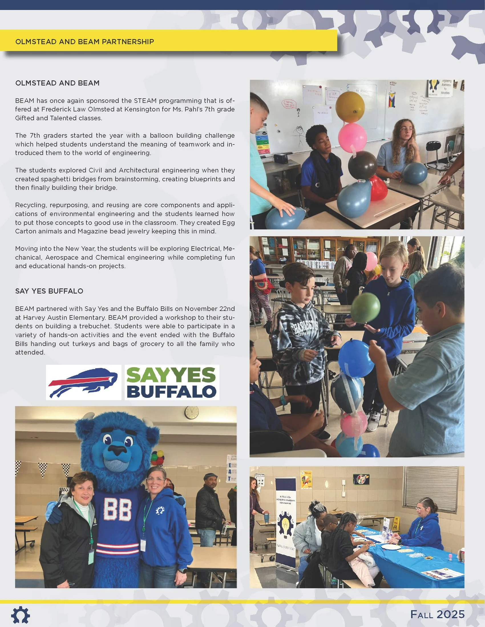 A flyer about OLMSTEAD AND BEAM partnership with photos of students engaged in engineering and community activities, including balloon projects, a workshop with Say Yes Buffalo, and a university or school event with a mascot and health check-in.