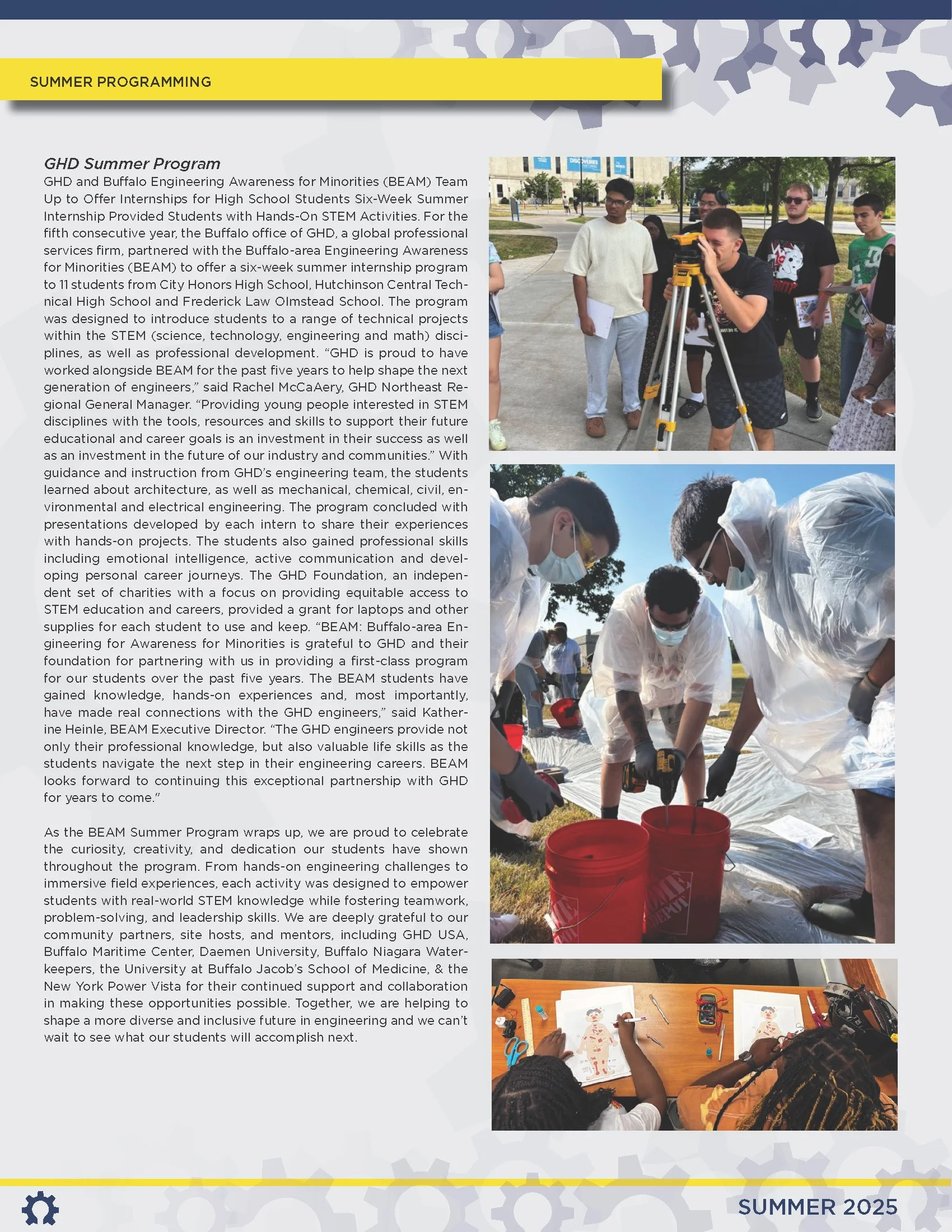 A page from a summer program brochure featuring text about a summer engineering program for high school students, with three photos: students outside with surveying equipment, students in lab coats working on a project with tools, and students drawin