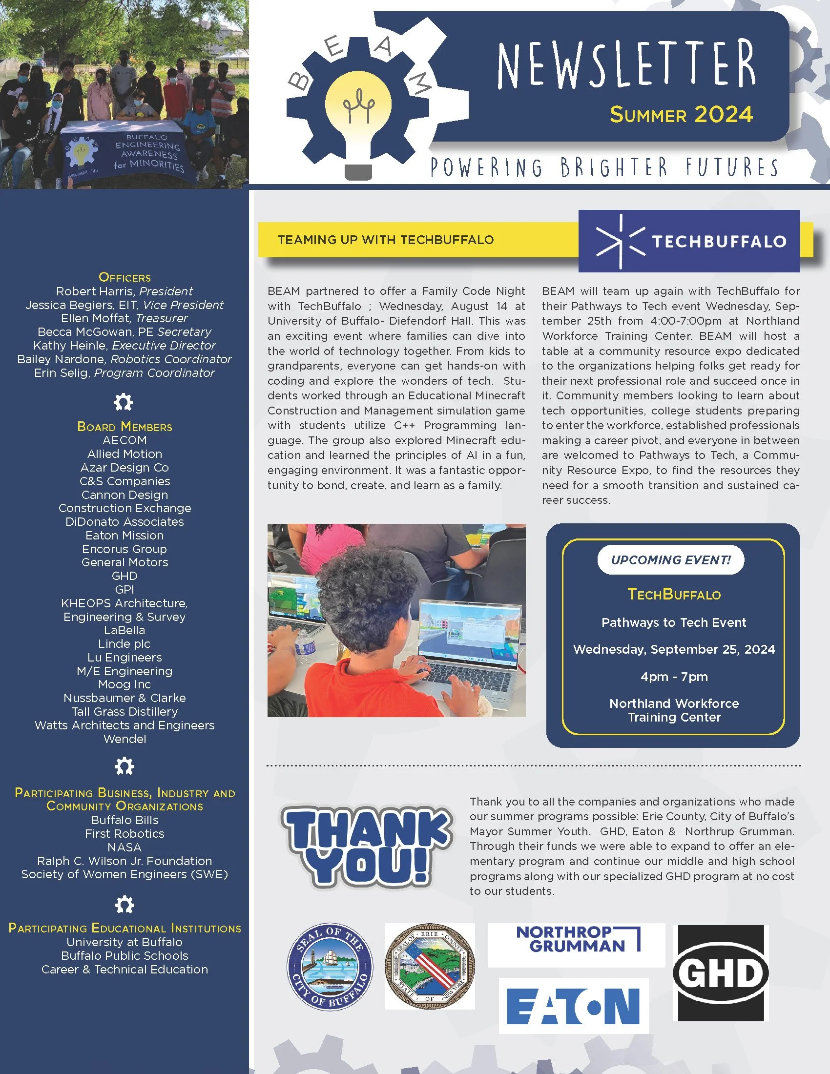 A newsletter page titled 'BEAM Newsletter Summer 2024' with the theme 'Powering Brighter Futures.' It features a photo of children and adults holding a banner that reads 'Buffalo Engineering Awareness for Minorities,' and sections detailing community