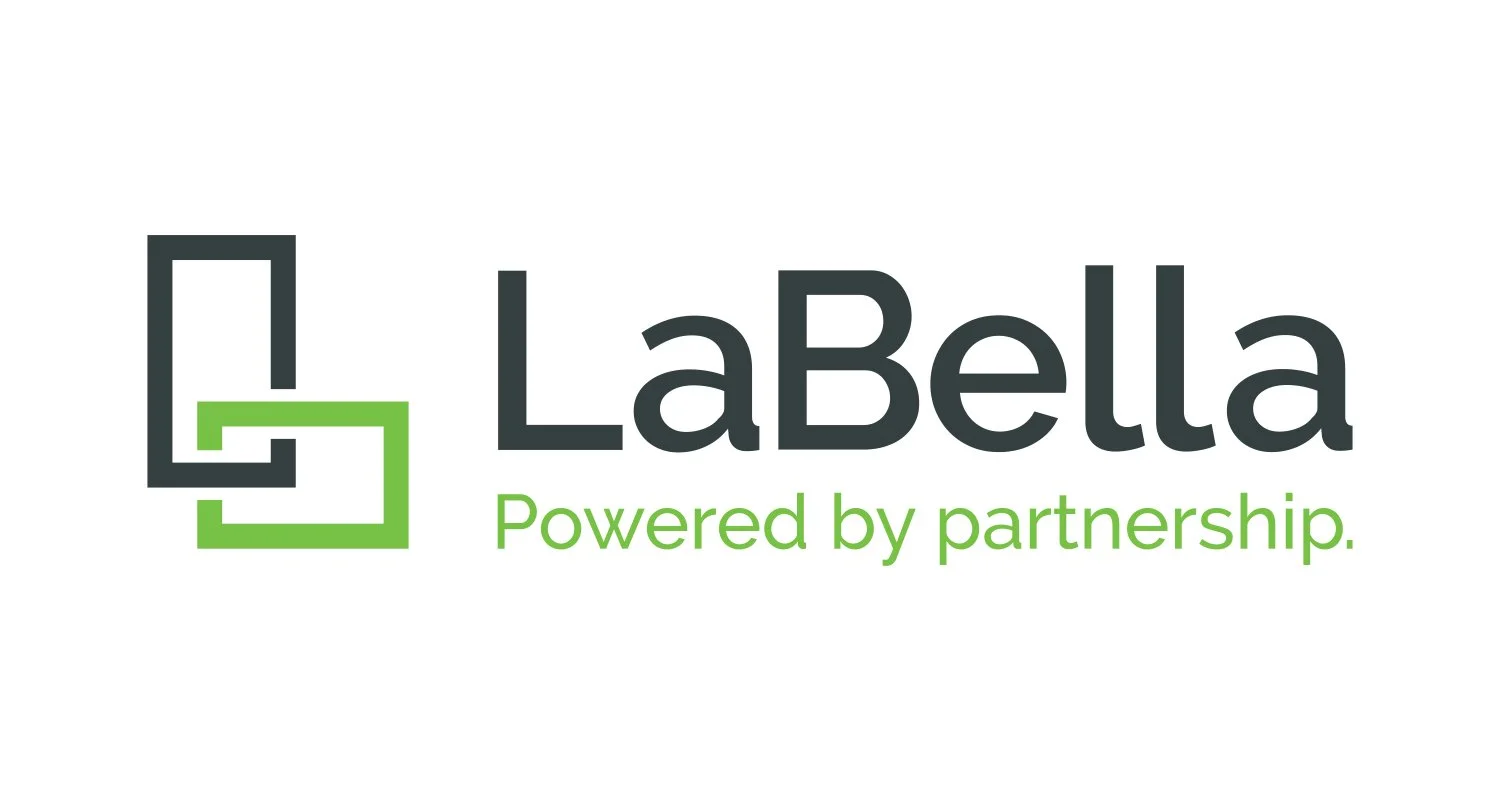 Logo for LaBella with the tagline 'Powered by partnership', featuring a stylized interlocking square icon in black and green.
