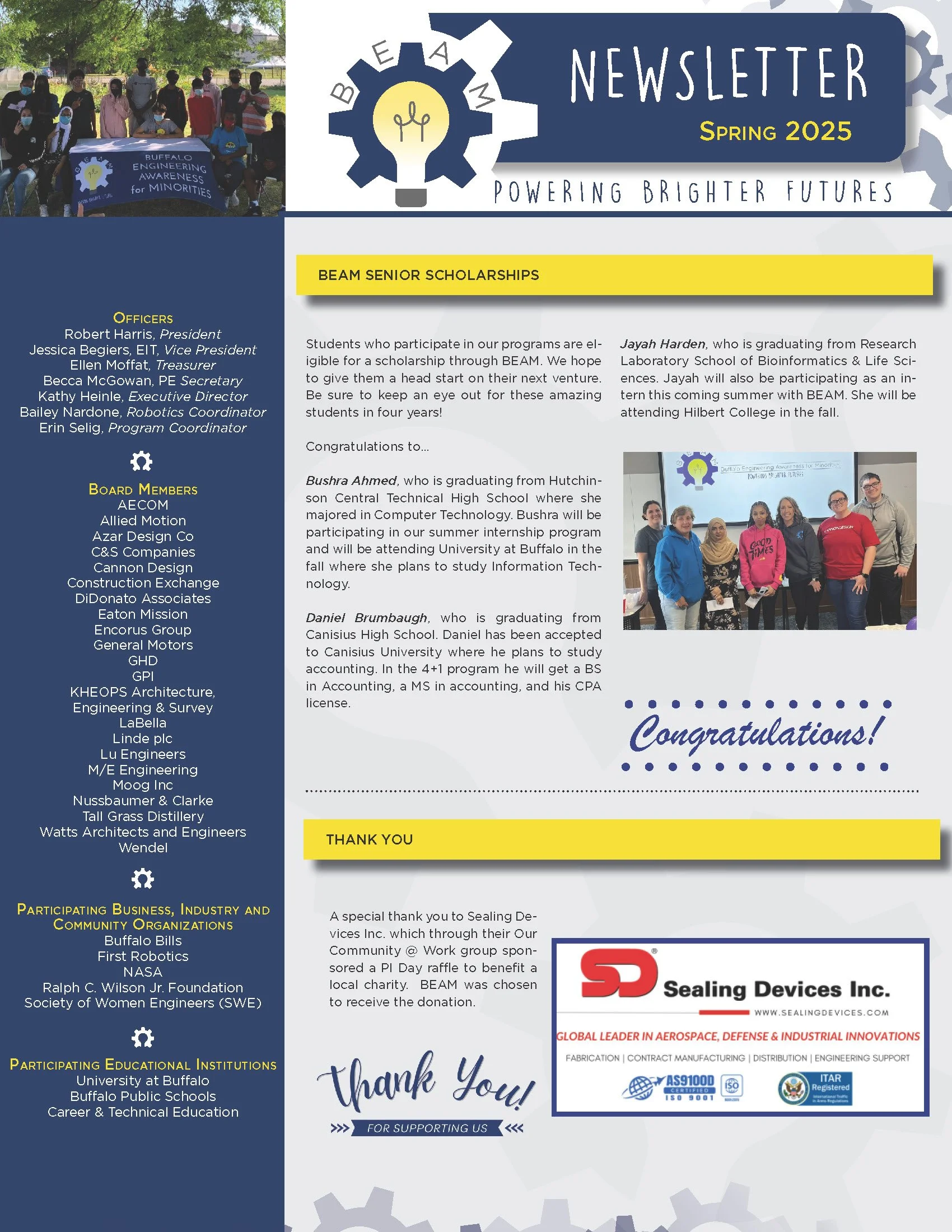 Group of students holding a banner that reads 'Buffalo Engineering Awareness for Minorities' outdoors on a sunny day.