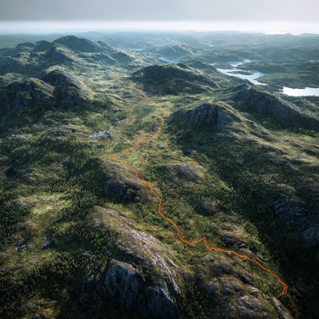 Aerial view of a mountain trail winding through rocky, green terrain with hills, lakes, and distant mountains in the background.